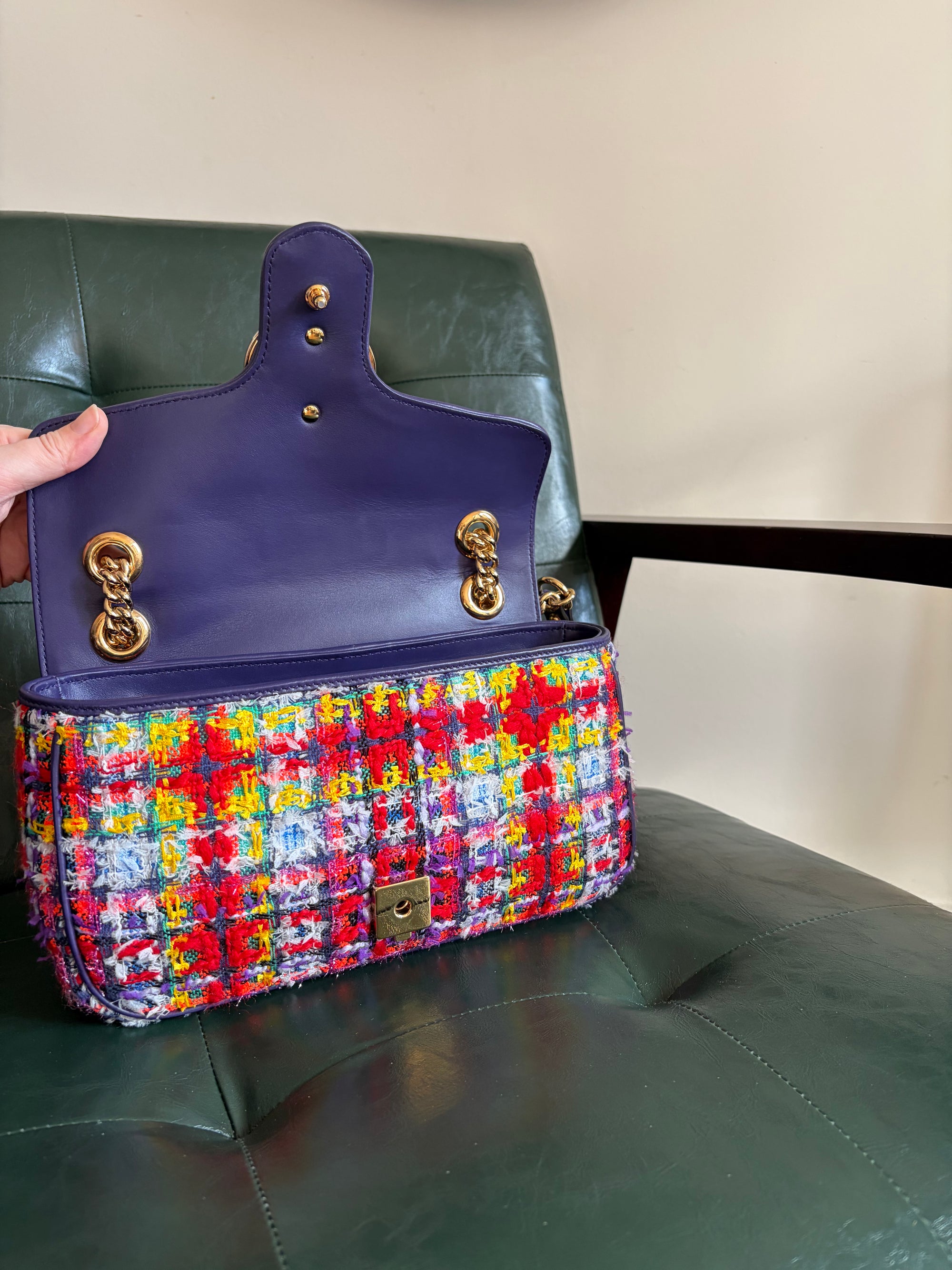 Gucci Marmont Small Multicoloured Tweed Mixed Metal Bag