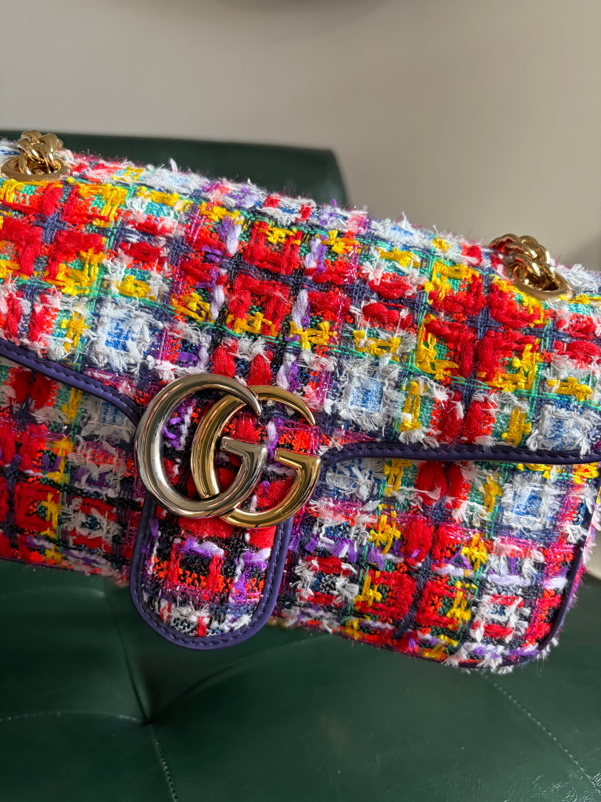 Gucci Marmont Small Multicoloured Tweed Mixed Metal Bag