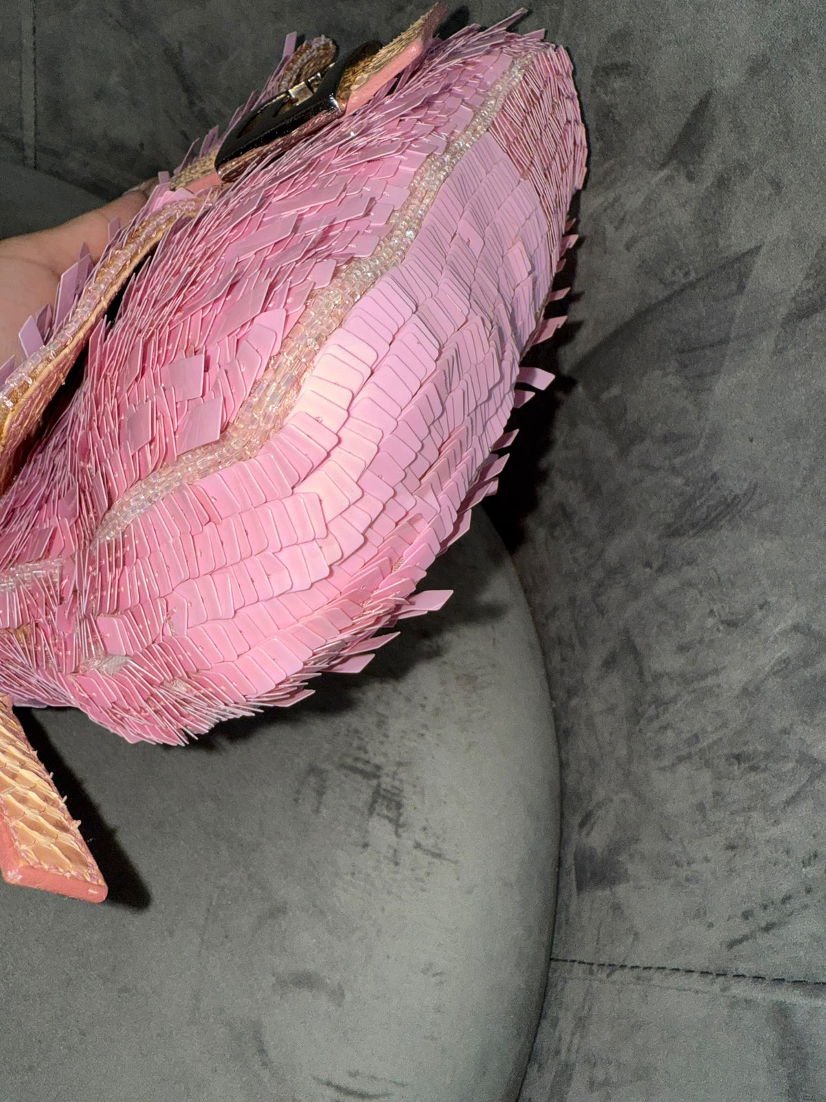 Rare! Fendi Paillettes Pink Beaded and Sequin Vintage Baguette Exotic Trim