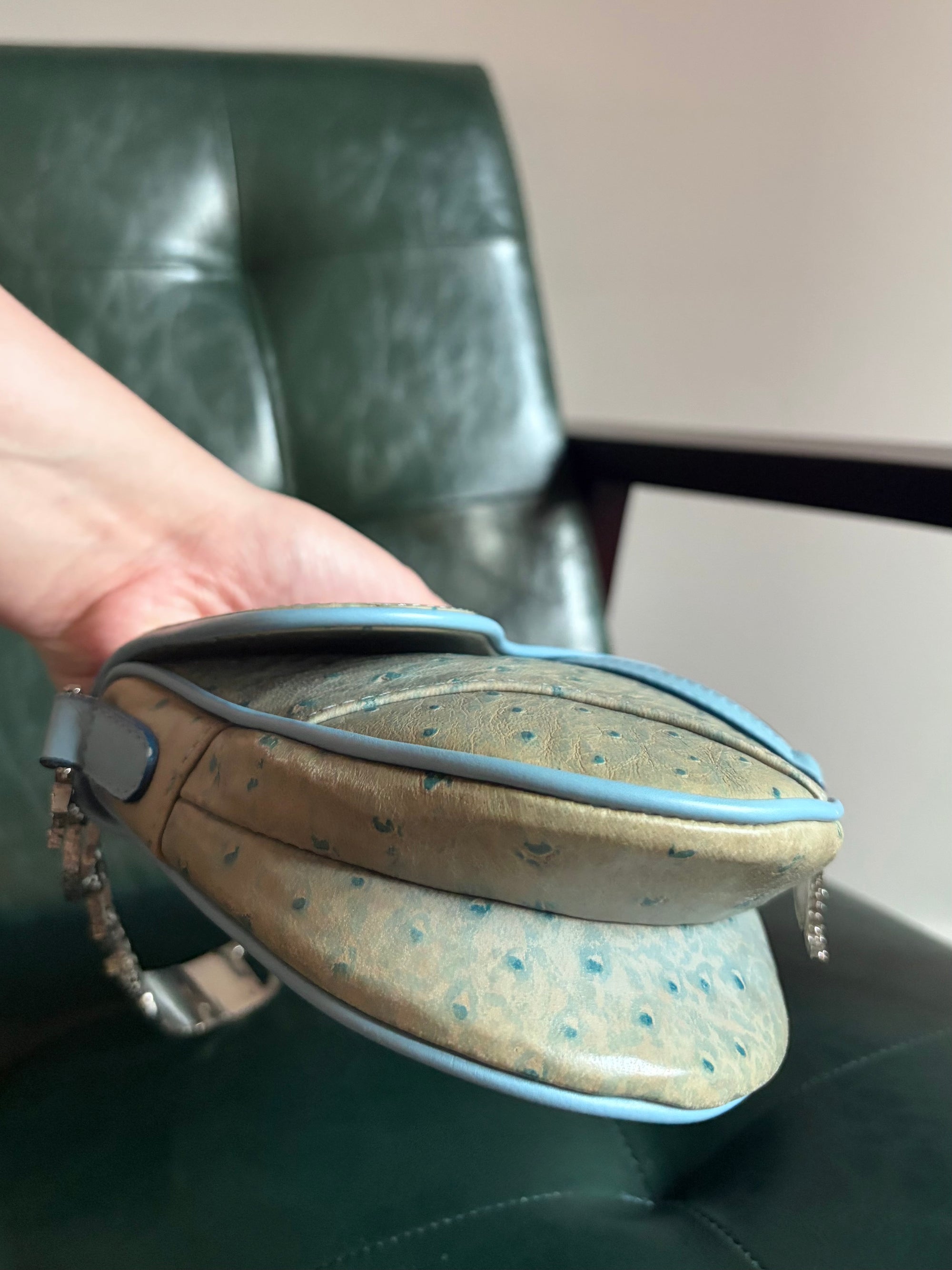Rare! Vintage Dior blue ostrich embossed leather mini saddle bag with rhinestone strap