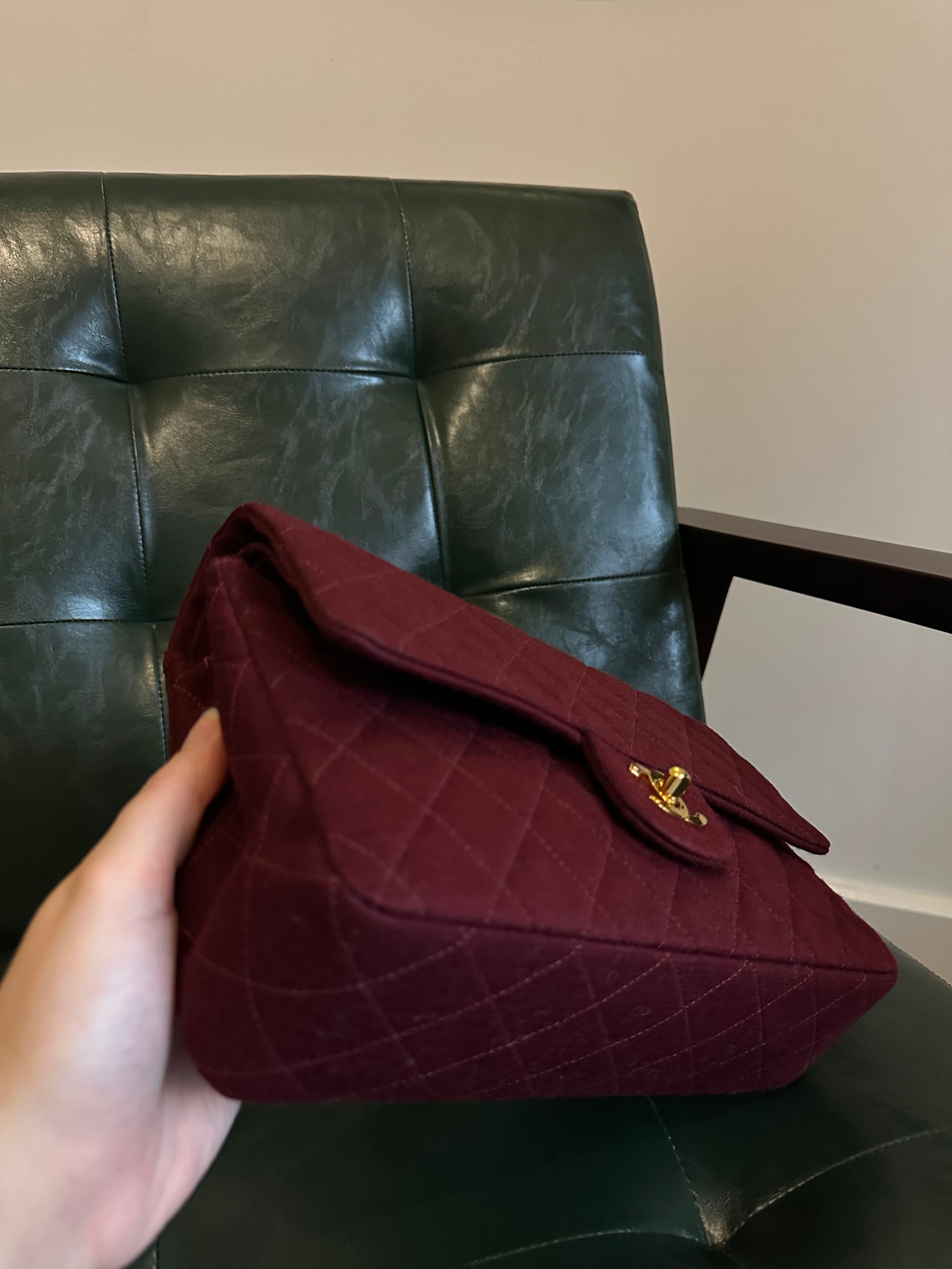 Rare! Chanel medium burgundy jersey double flap bag