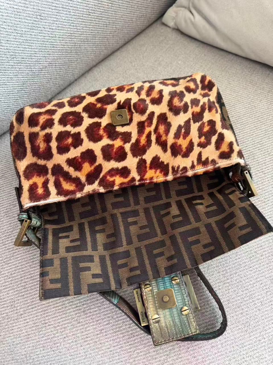 Fendi leopard pony hair lizard trim baguette