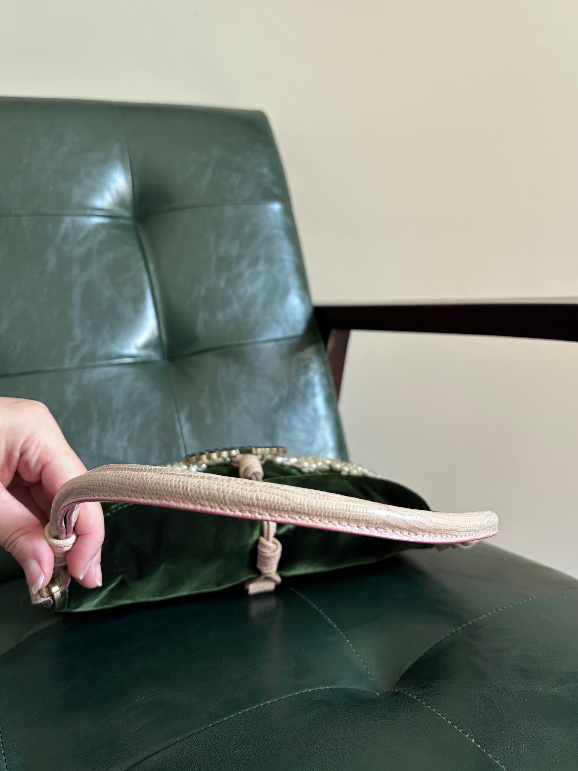Valentino Garavani green velvet crystal embroidered shoulder bag