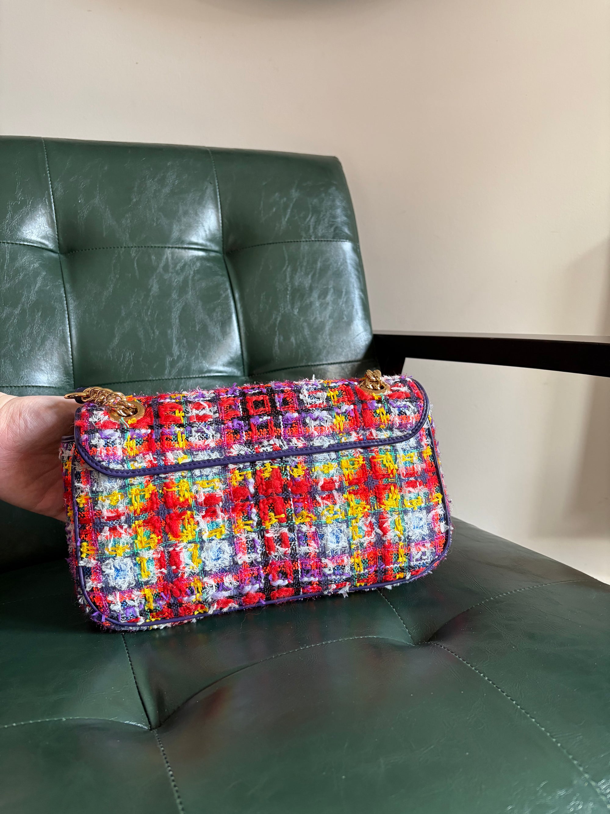 Gucci Marmont Small Multicoloured Tweed Mixed Metal Bag