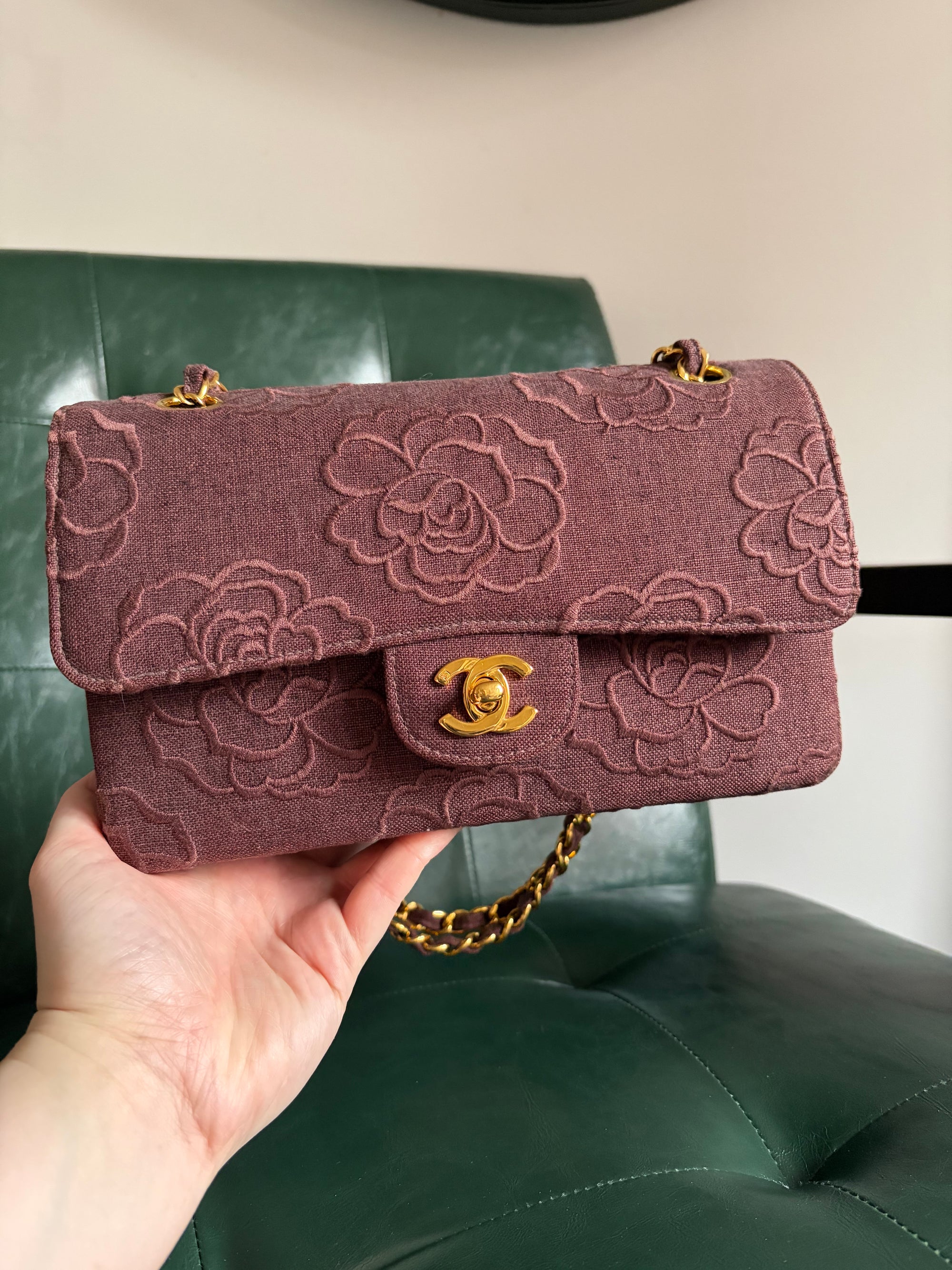 Ultra rare! Vintage Chanel Burgundy Linen Camellia Small Double Flap Bag