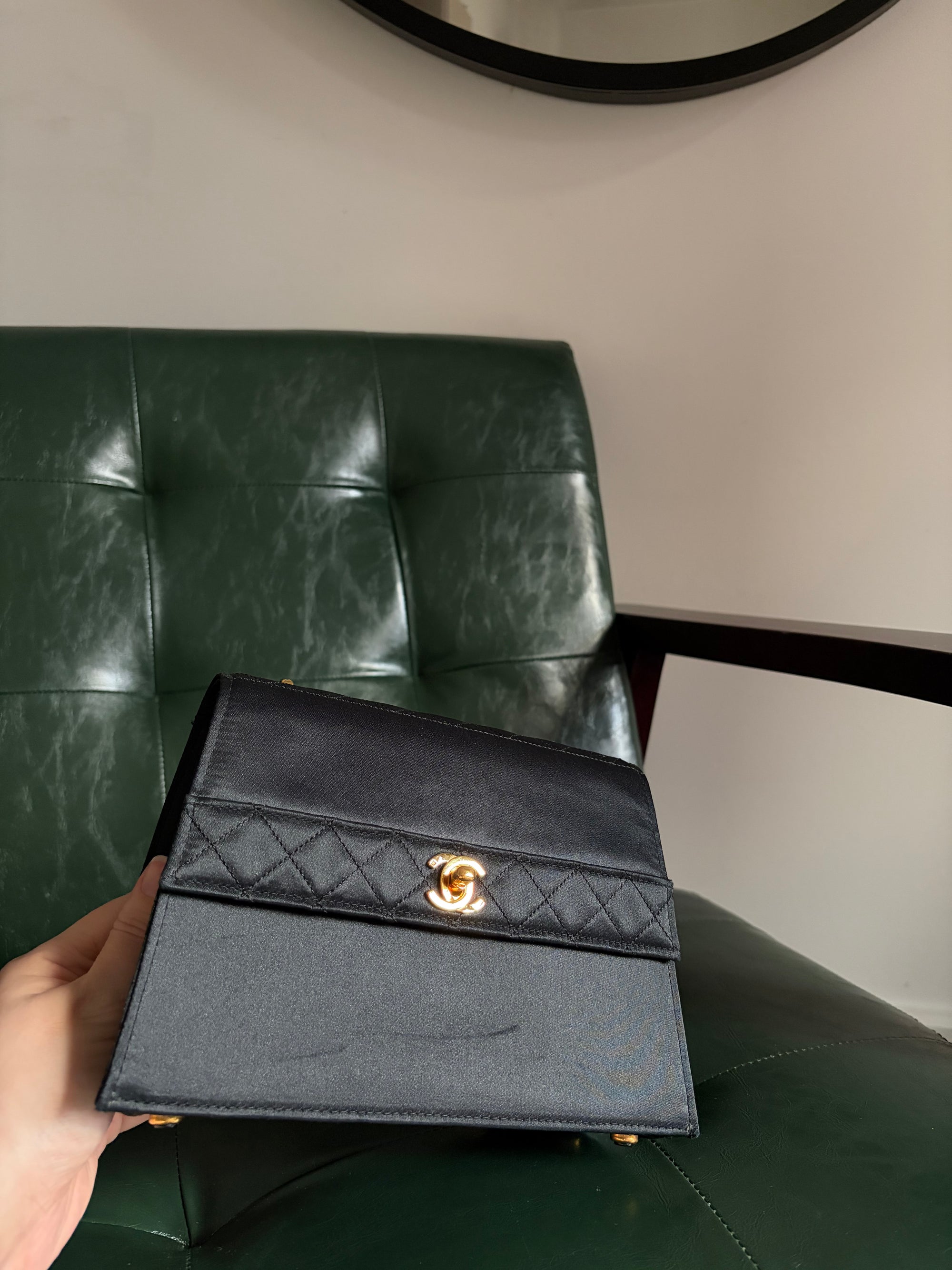 Rare! Chanel trapezoid black satin bag with 24ct gold bijoux chain