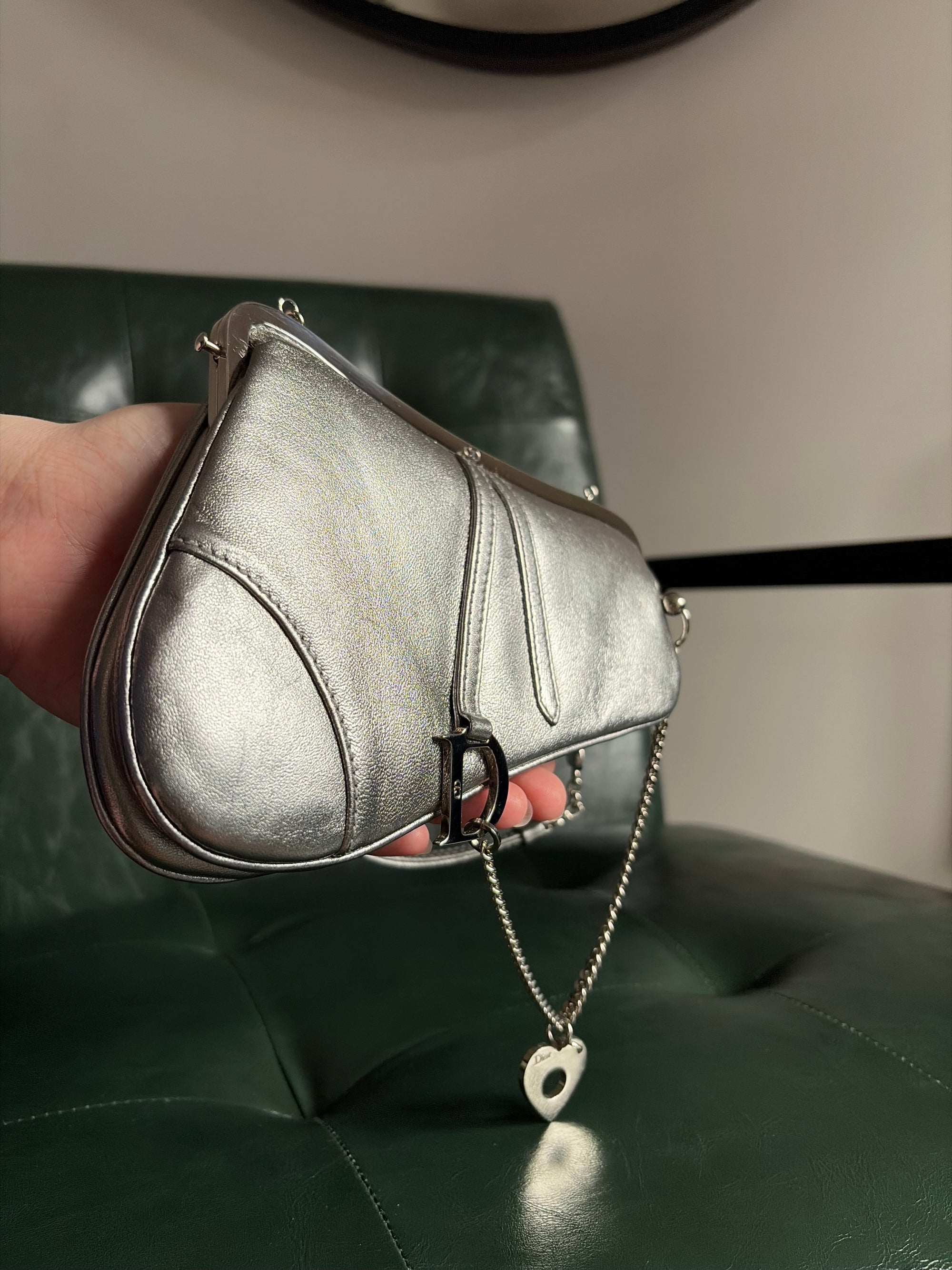 Ultra rare! Dior Silver Vintage Heart Chain Mini Saddle Bag