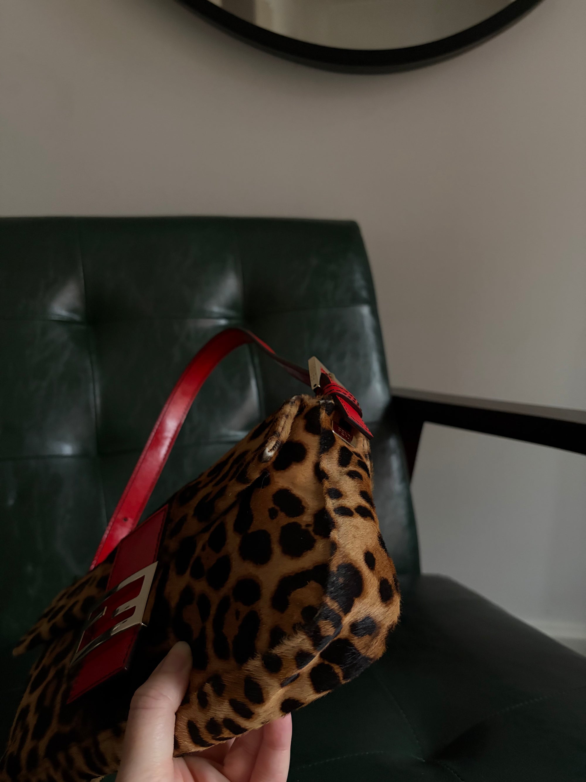 Rare! Vintage Fendi leopard print pony hair baguette bag with red leather trim