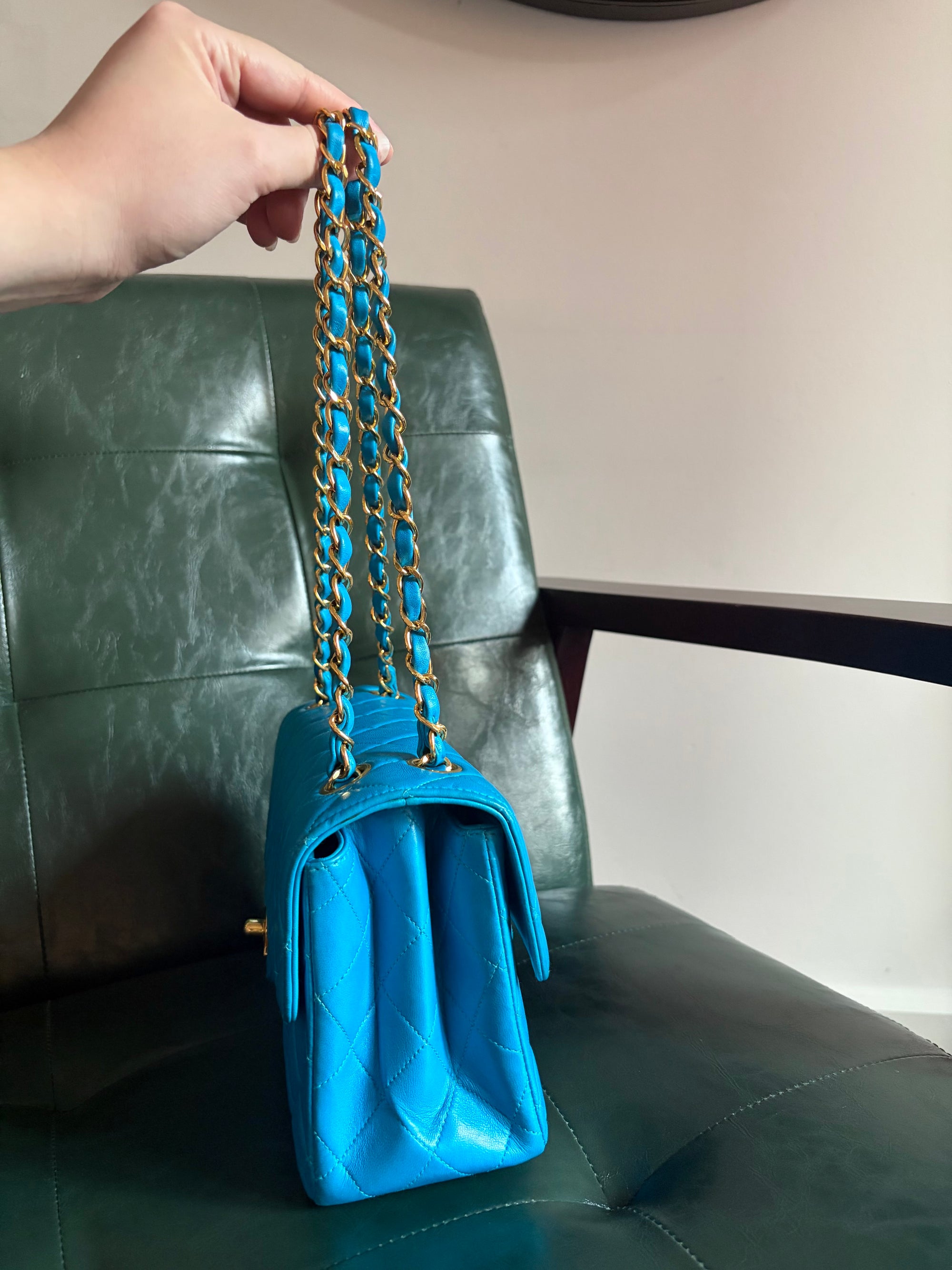 Rare! Vintage Chanel cerulean blue lambskin double sided flap bag with 24ct gold plated hardware