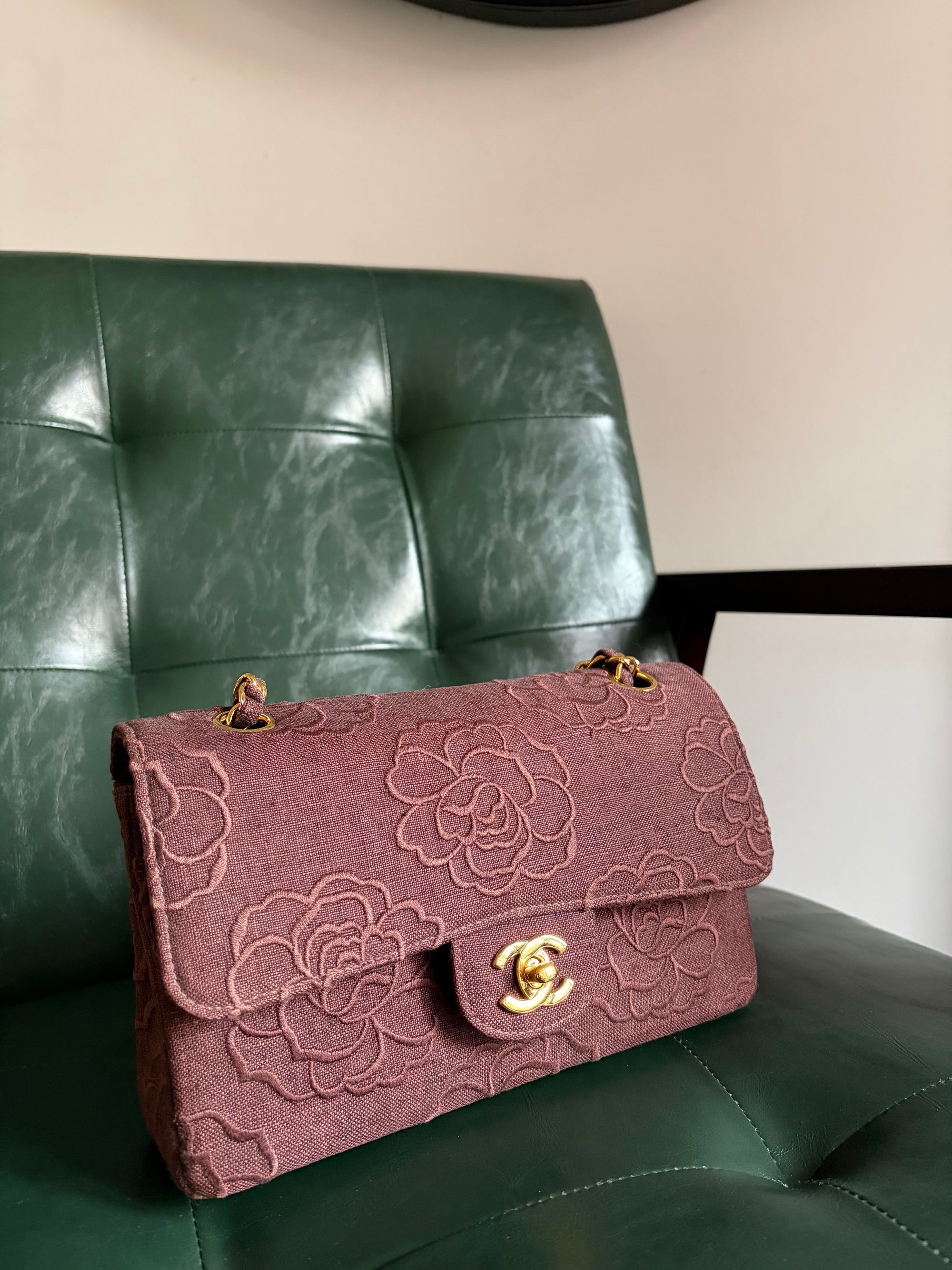 Ultra rare! Vintage Chanel Burgundy Linen Camellia Small Double Flap Bag