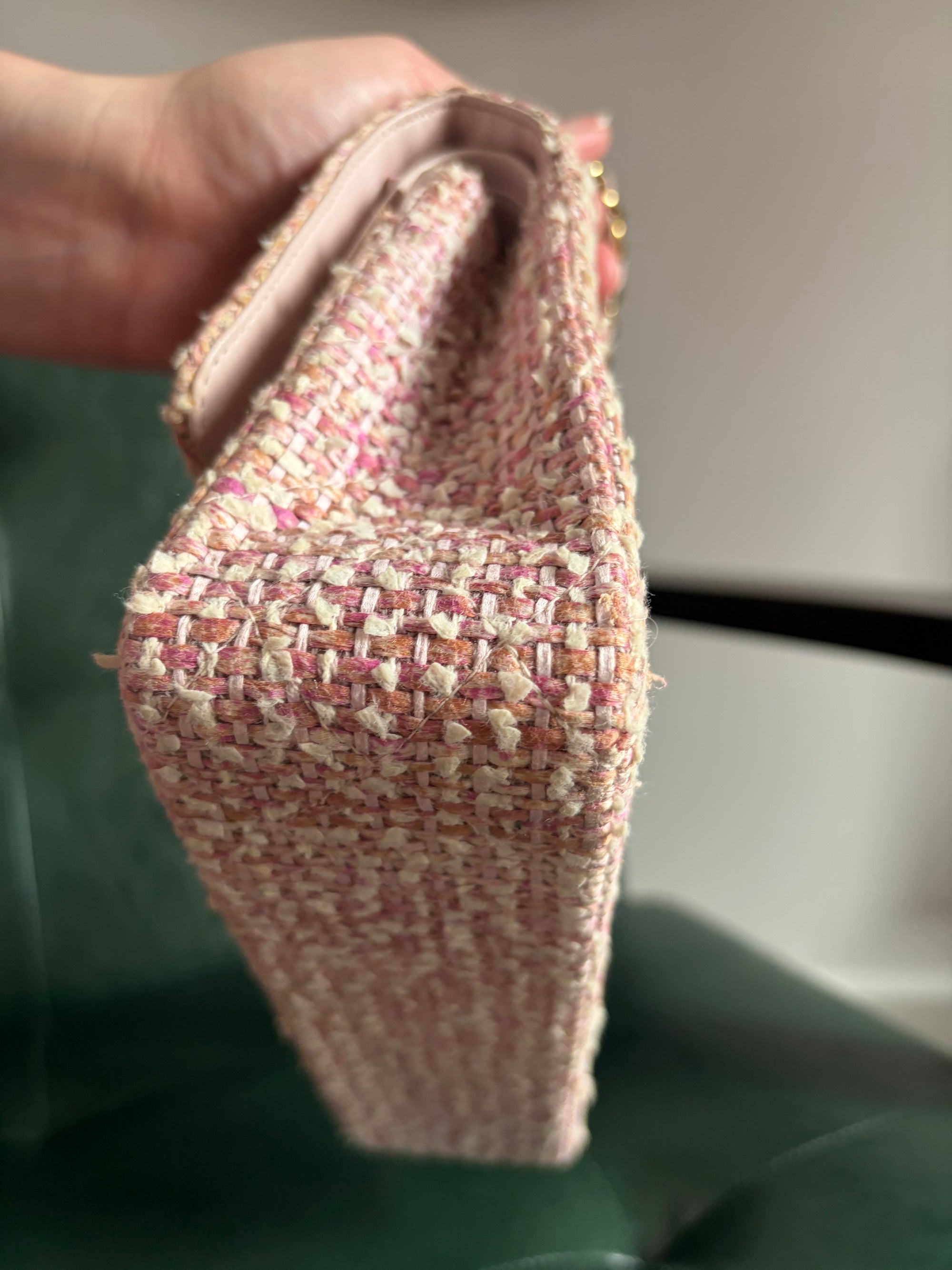 Chanel Vintage Pink and White Tweed Medium Classic Flap with 24ct Gold Hardware