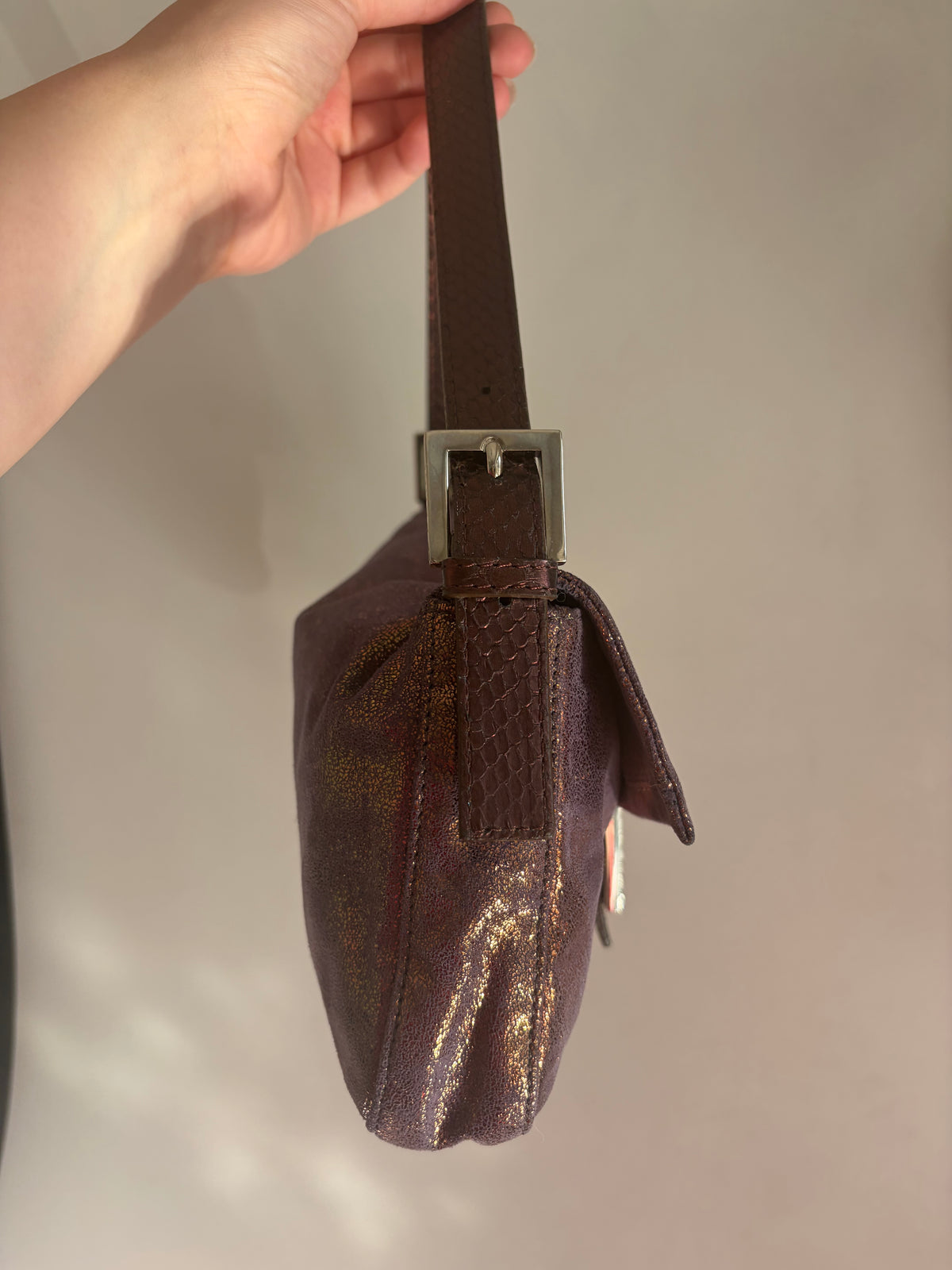 Fendi vintage purple and bronze metallic baguette bag