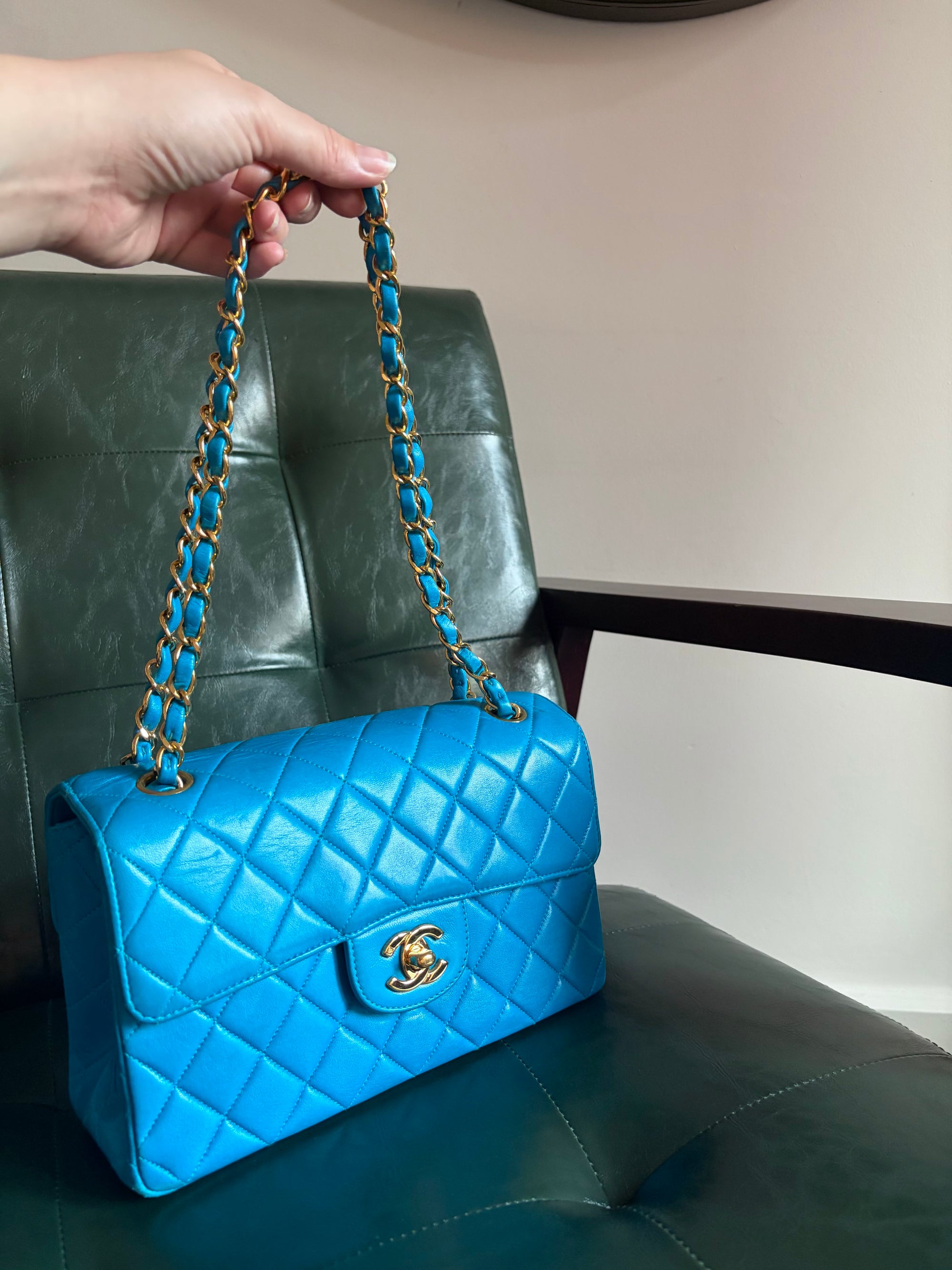 Rare! Vintage Chanel cerulean blue lambskin double sided flap bag with 24ct gold plated hardware