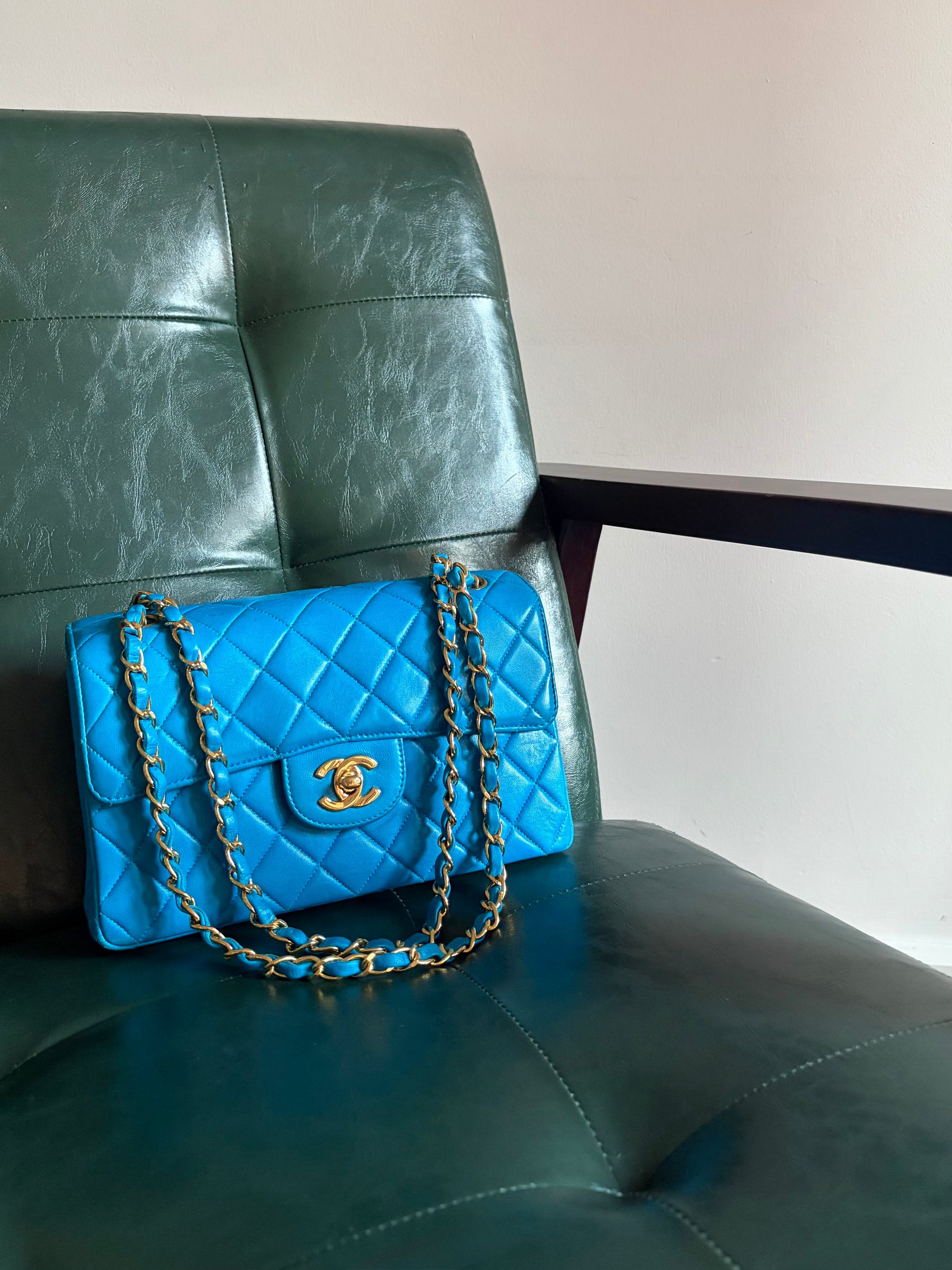 Rare! Vintage Chanel cerulean blue lambskin double sided flap bag with 24ct gold plated hardware