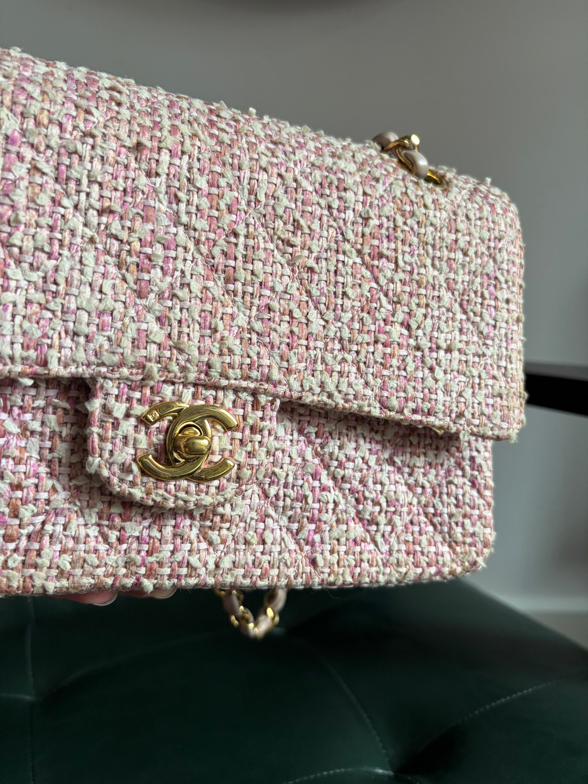 Chanel Vintage Pink and White Tweed Medium Classic Flap with 24ct Gold Hardware