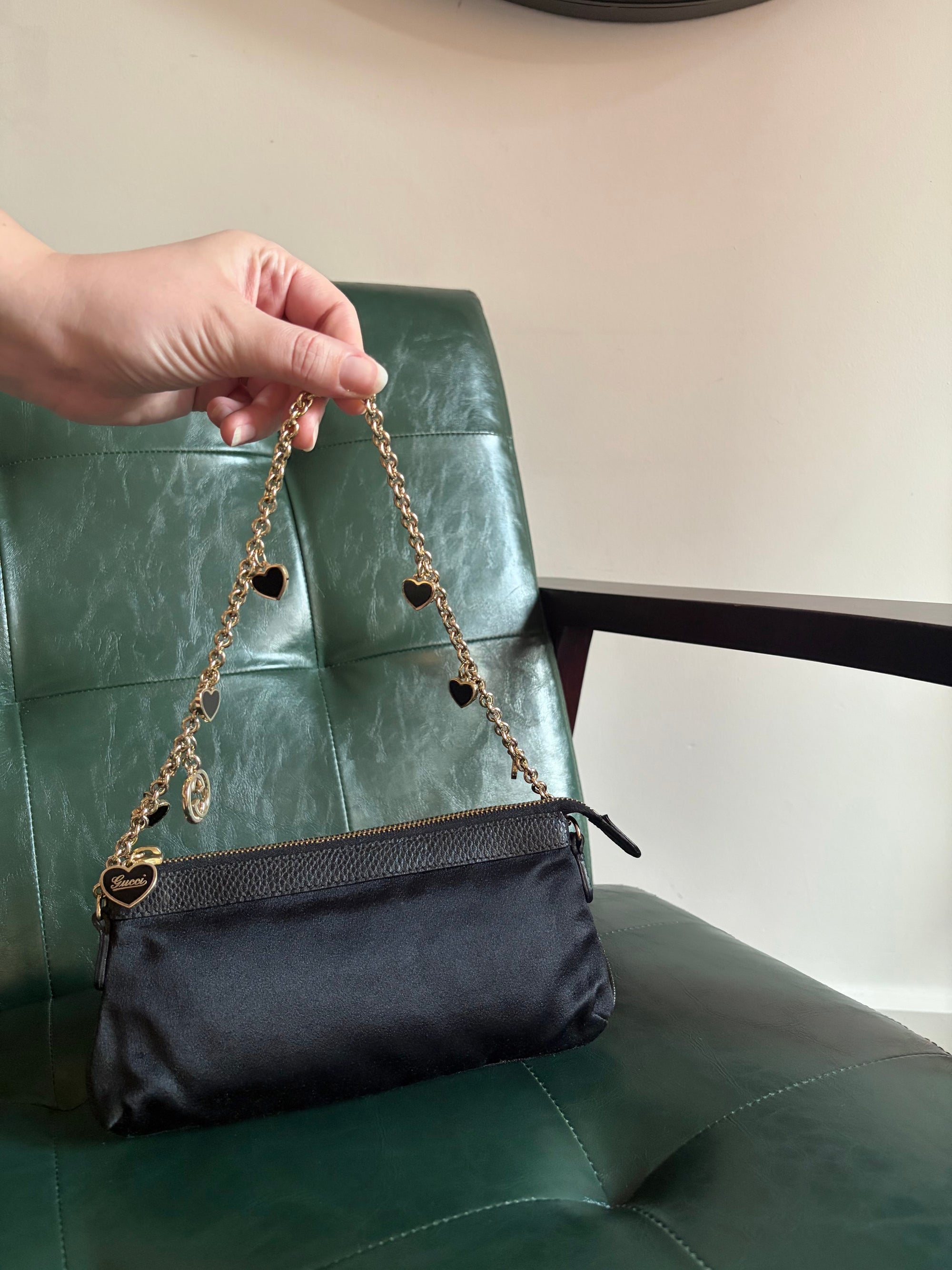 Gucci black satin heart chain pochette with exotic lizard trim