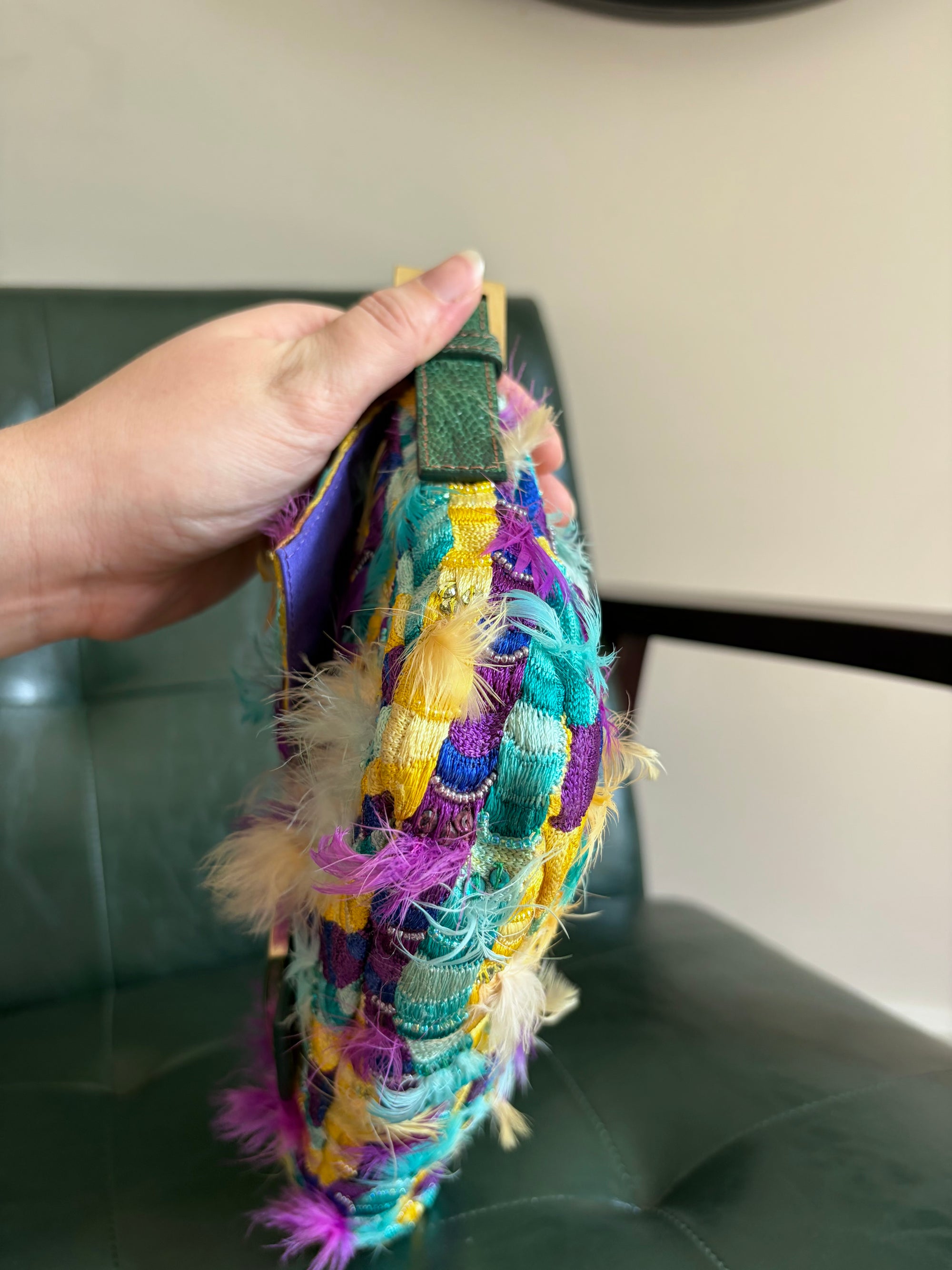 Ultra rare! Fendi ‘Willy Wonka’ embroidered fabric swirl and feather baguette bag