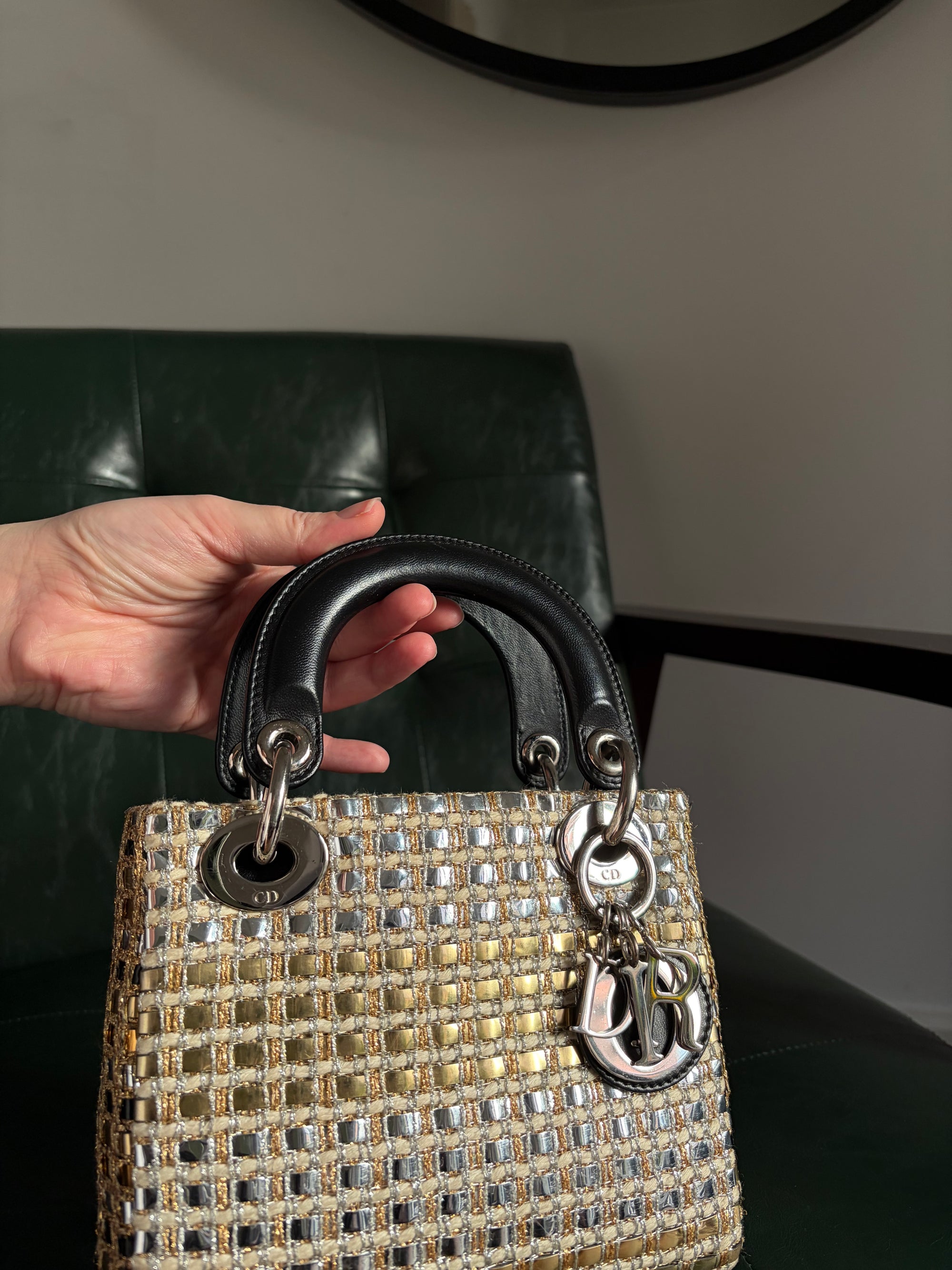 Metallic braided tweed mini Lady Dior bag