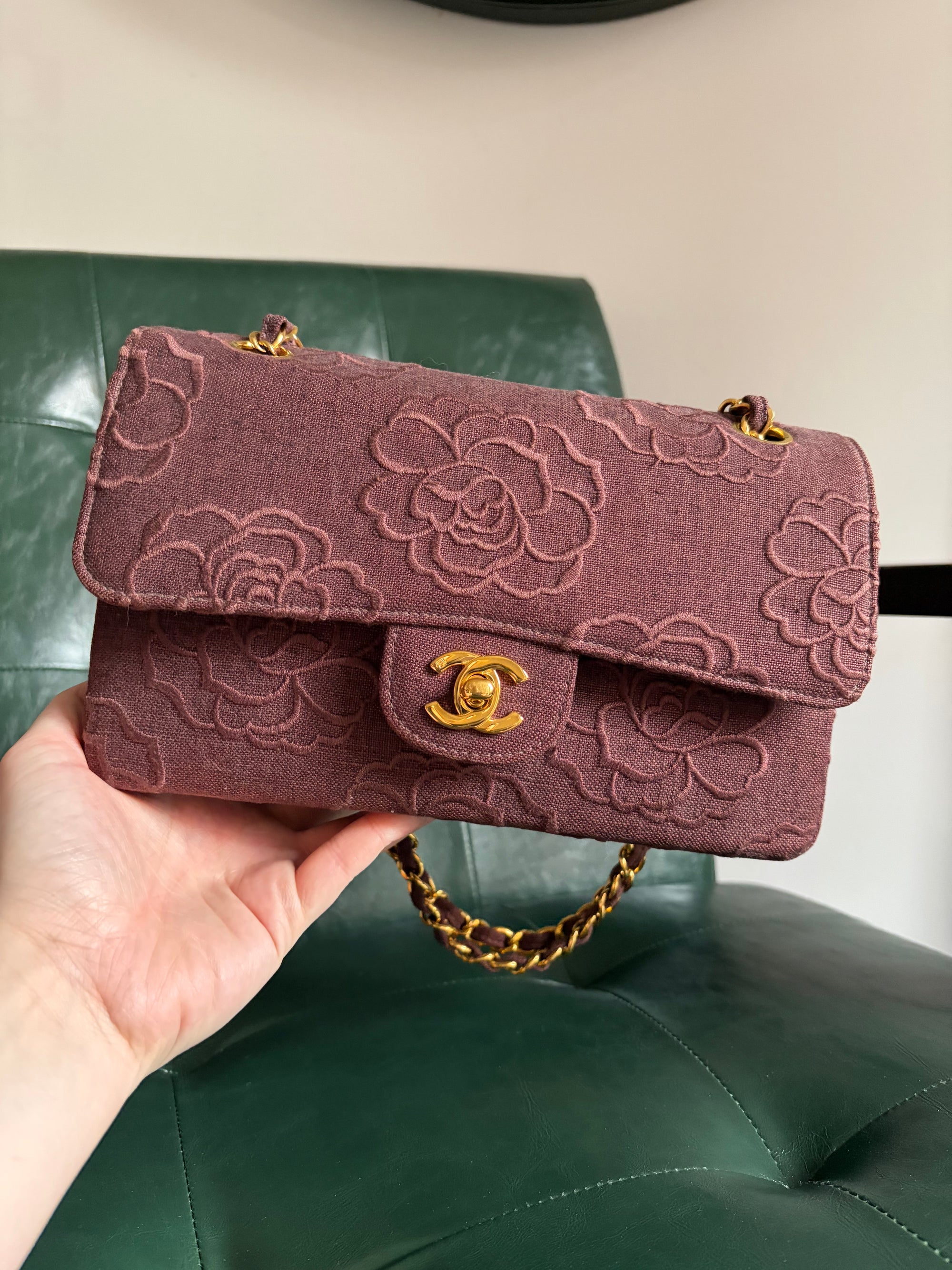 Ultra rare! Vintage Chanel Burgundy Linen Camellia Small Double Flap Bag