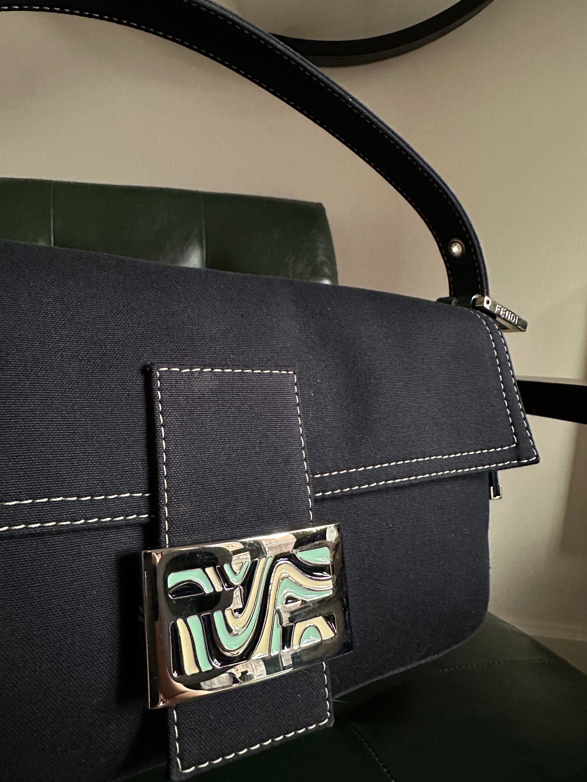 Fendi Blue Denim Baguette - Silver Psychedelic Swirl Clasp