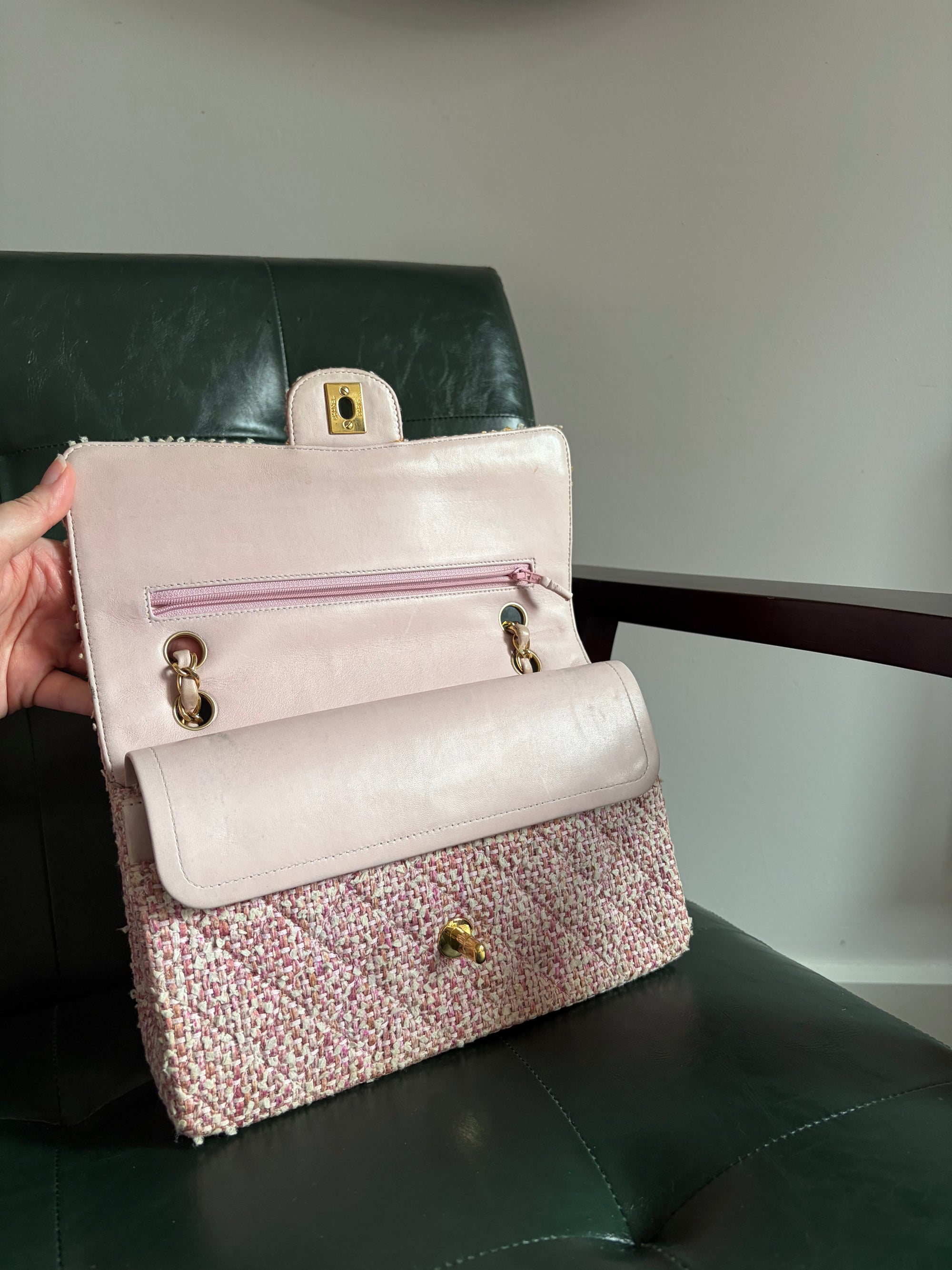 Chanel Vintage Pink and White Tweed Medium Classic Flap with 24ct Gold Hardware