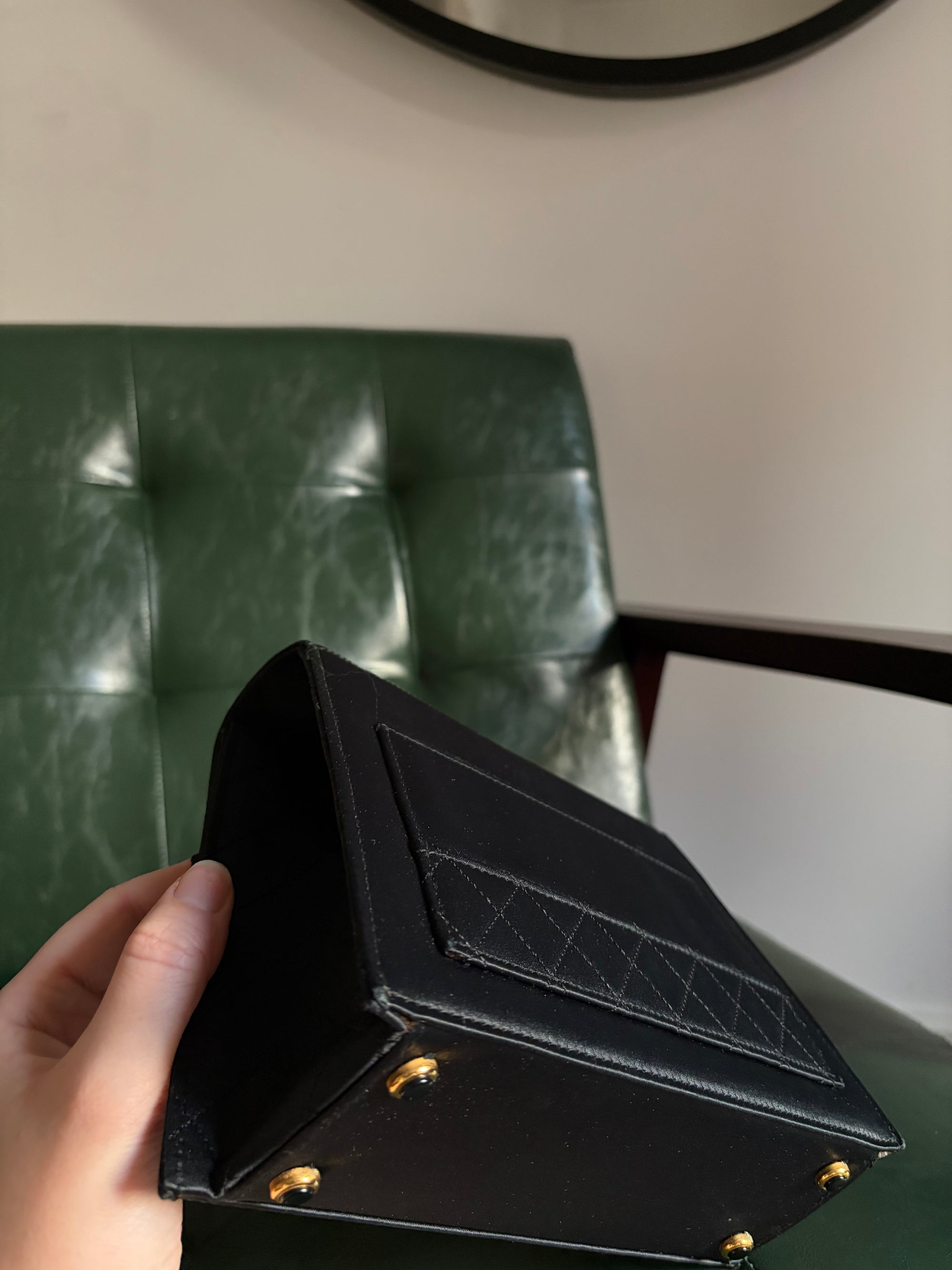 Rare! Chanel trapezoid black satin bag with 24ct gold bijoux chain