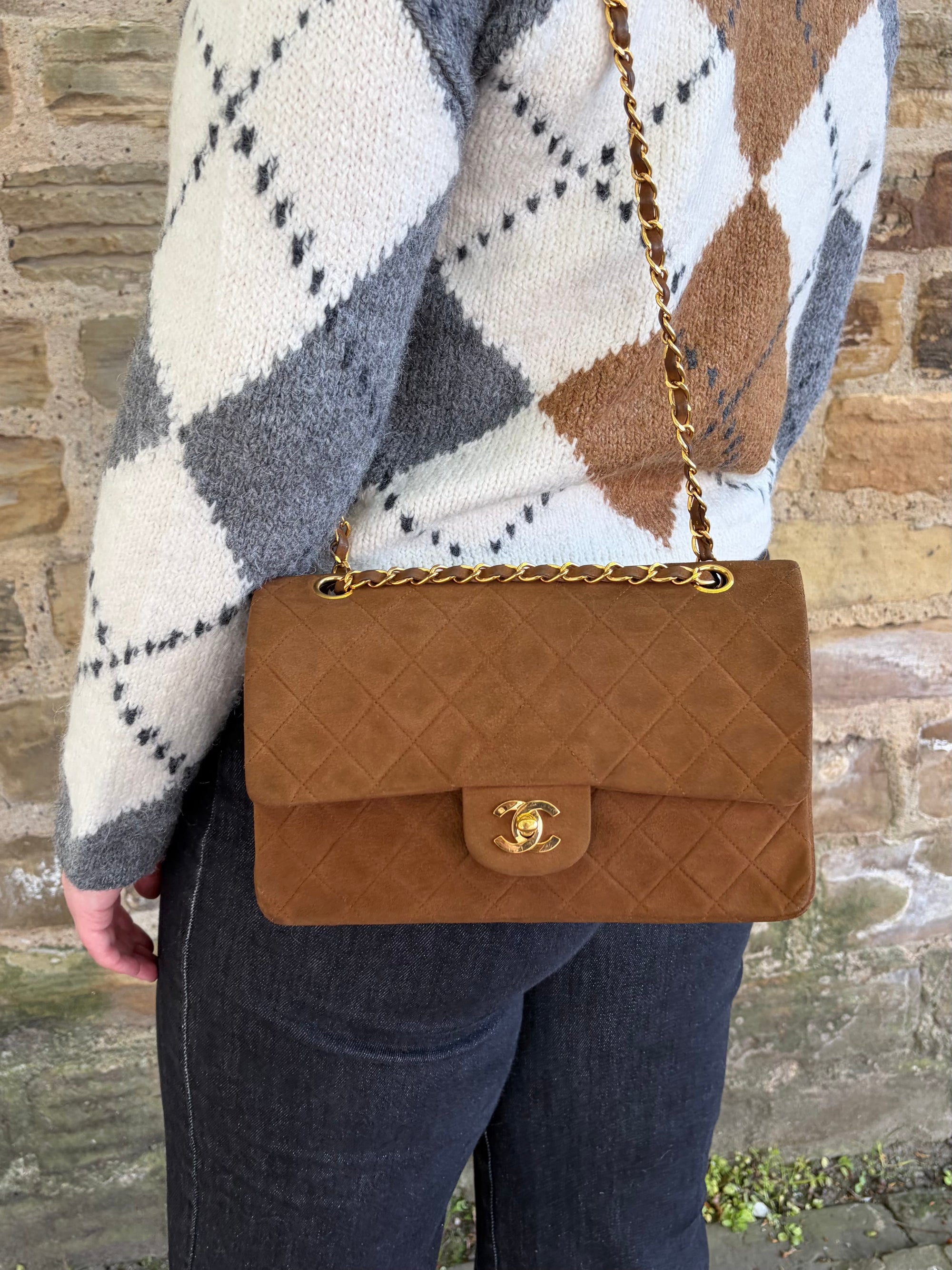 Chanel vintage caramel brown suede medium classic flap bag - 24ct gold