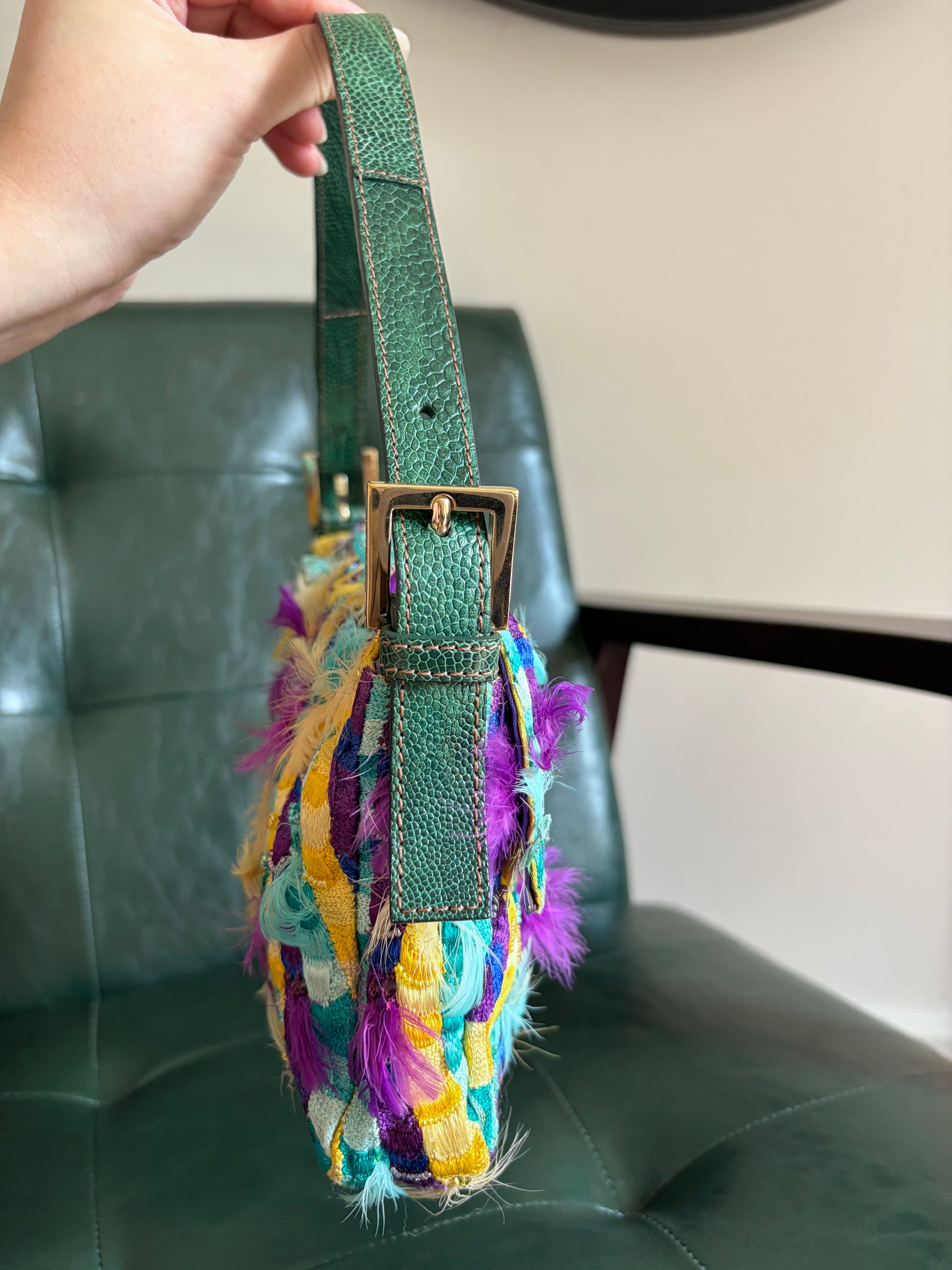 Ultra rare! Fendi ‘Willy Wonka’ embroidered fabric swirl and feather baguette bag