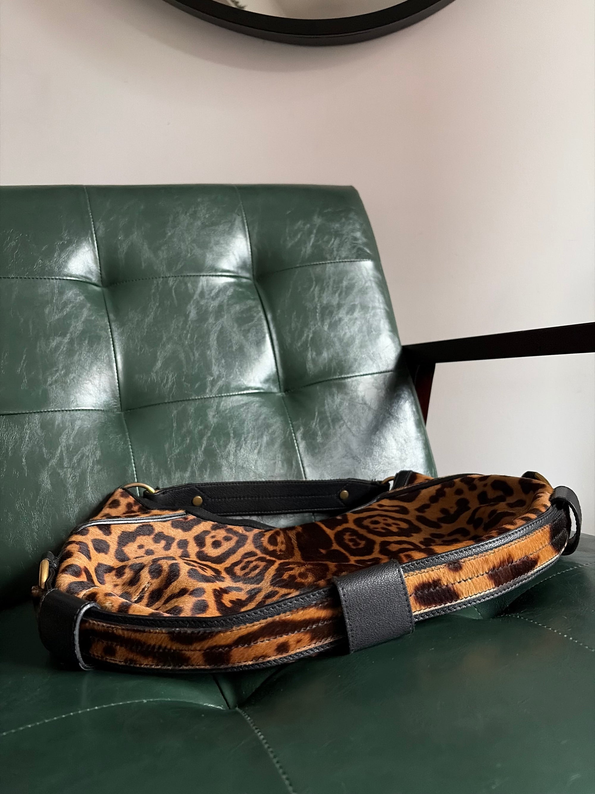 Vintage Yves Saint Laurent Large Leopard Print Pony Hair Hobo Mombasa Bag