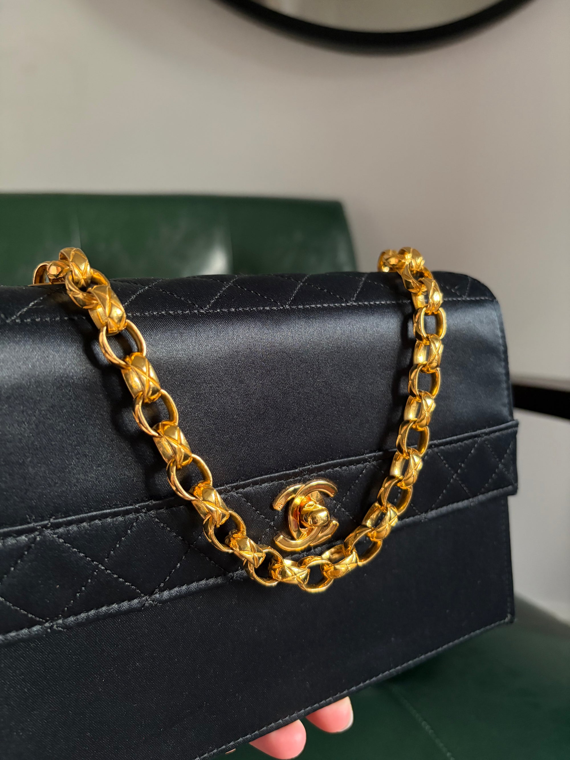 Rare! Chanel trapezoid black satin bag with 24ct gold bijoux chain