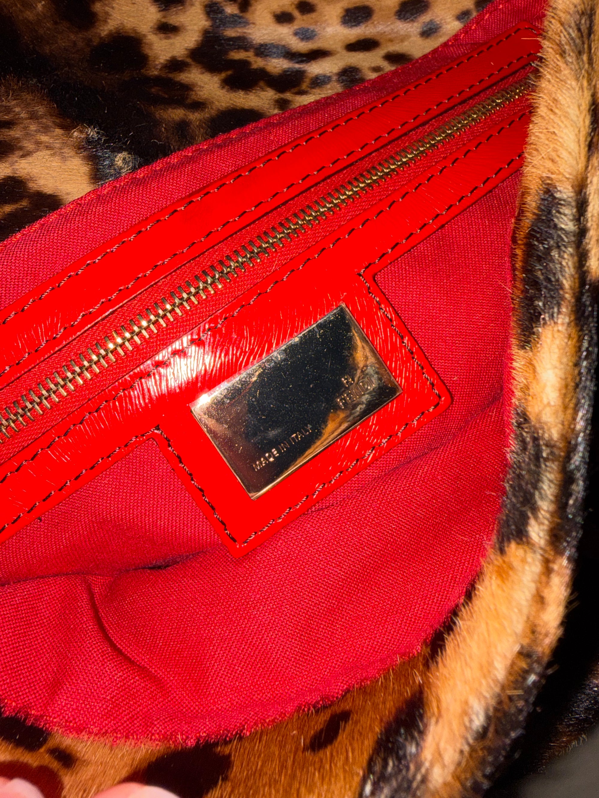 Rare! Vintage Fendi leopard print pony hair baguette bag with red leather trim