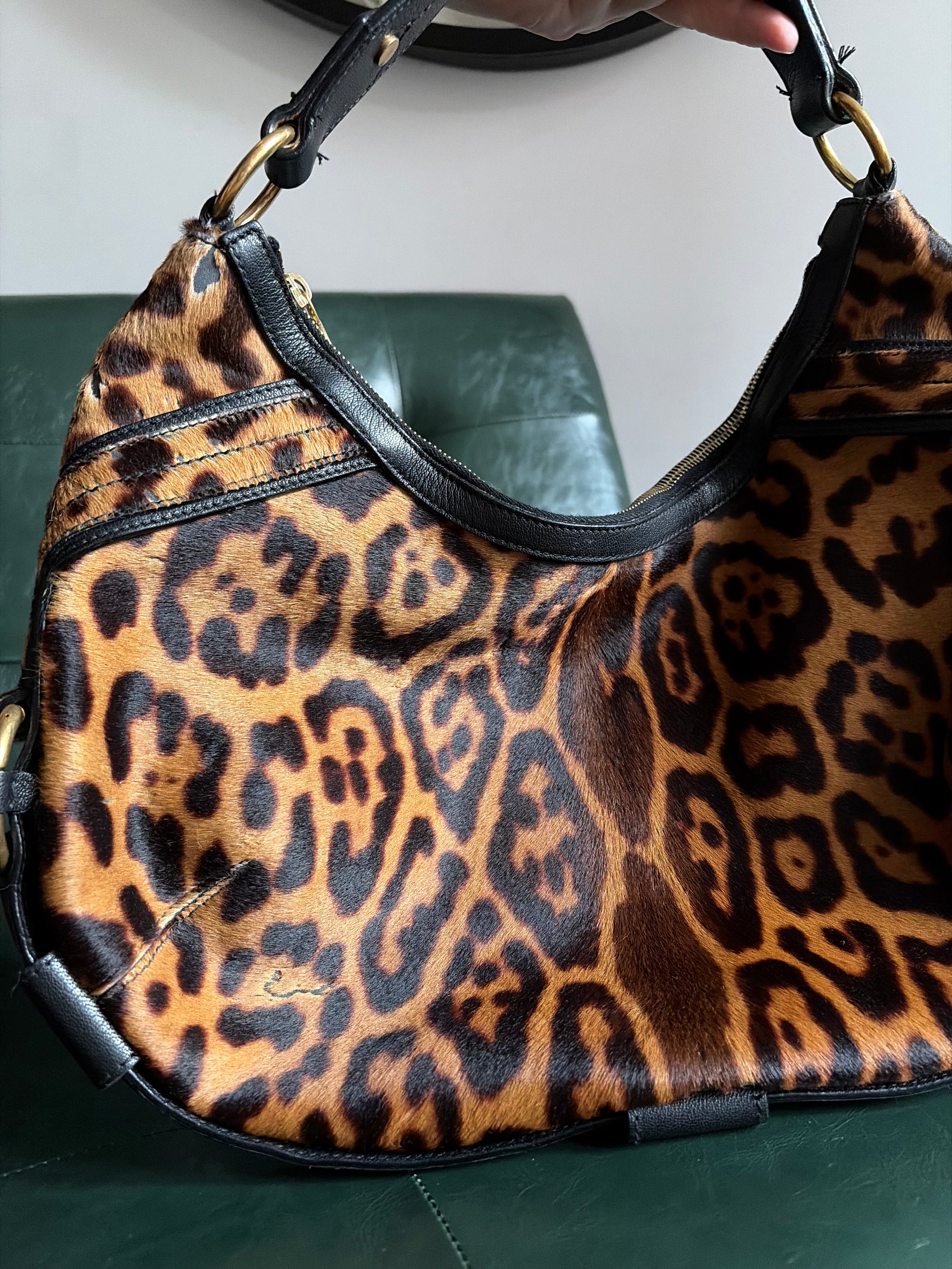 Vintage Yves Saint Laurent Large Leopard Print Pony Hair Hobo Mombasa Bag