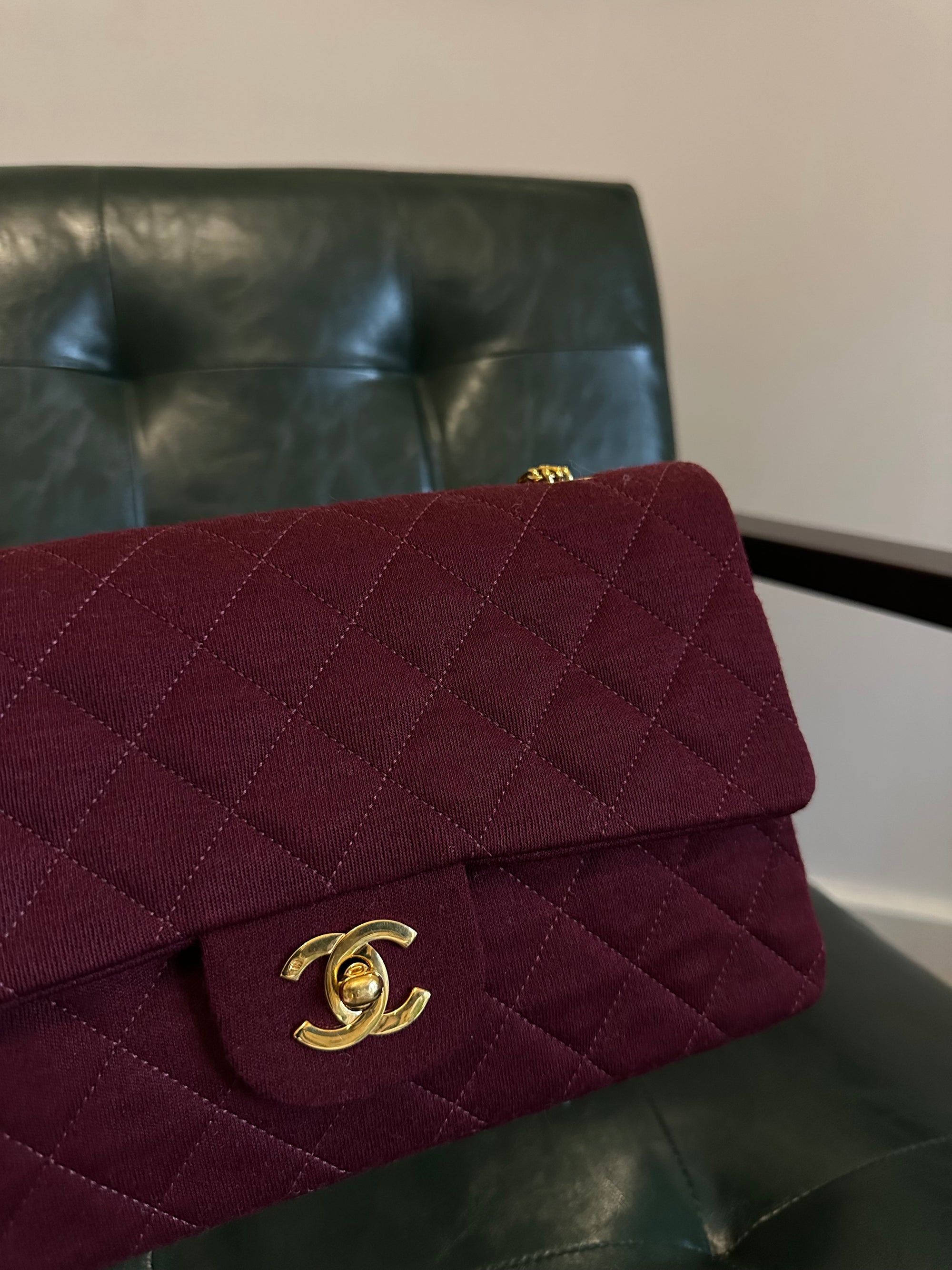 Rare! Chanel medium burgundy jersey double flap bag