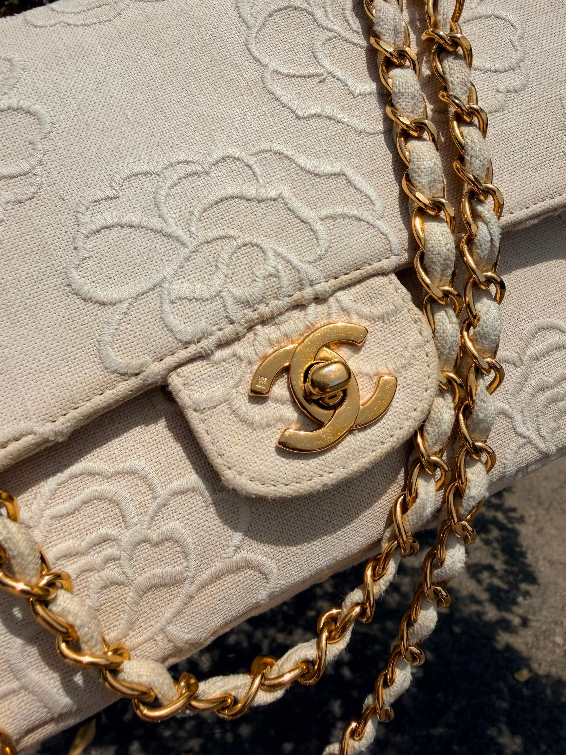 Rare! Vintage Chanel Cream Linen Camellia Medium Double Flap Bag