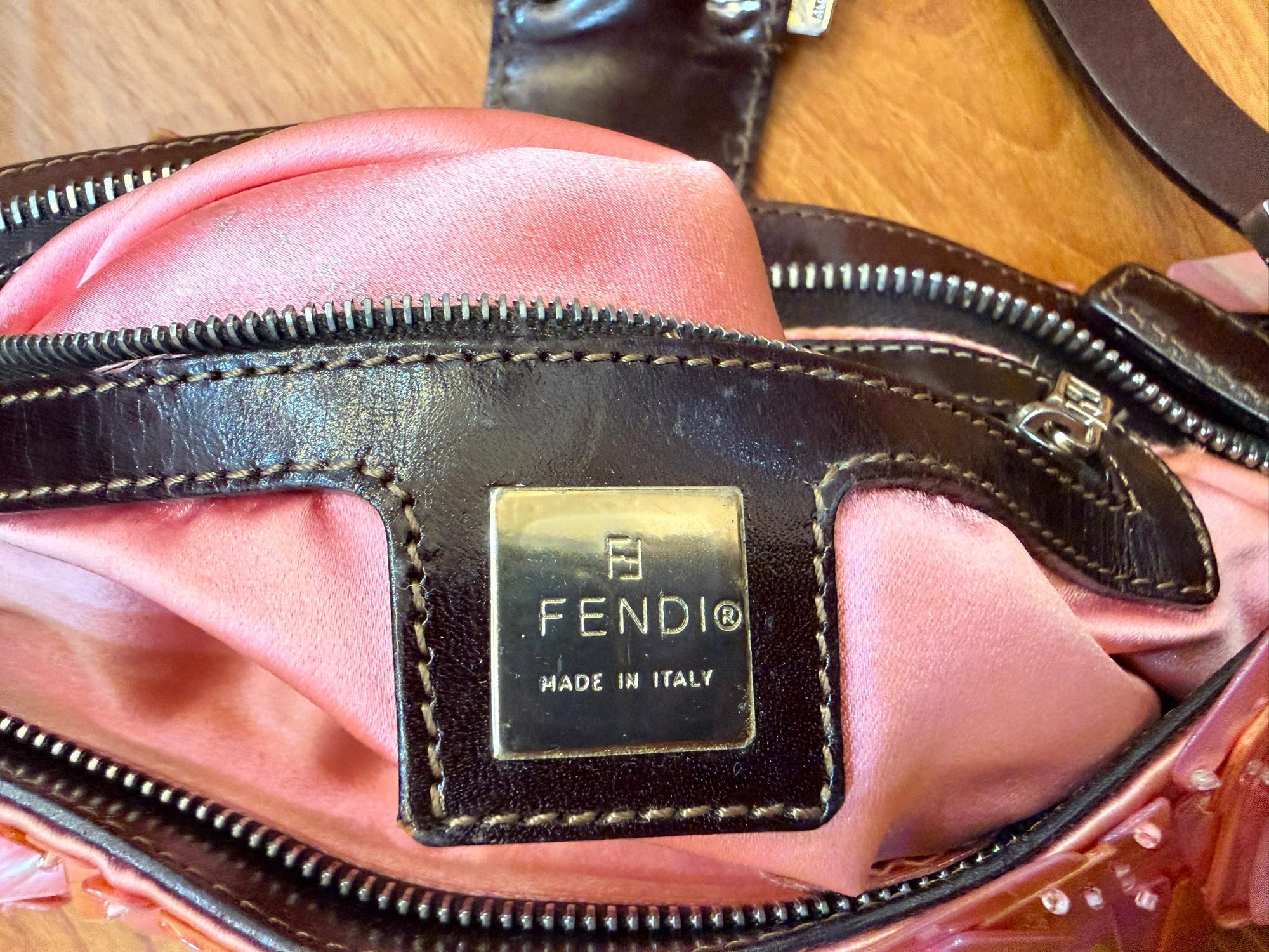 Ultra rare! Fendi pink mother of pearl satin baguette