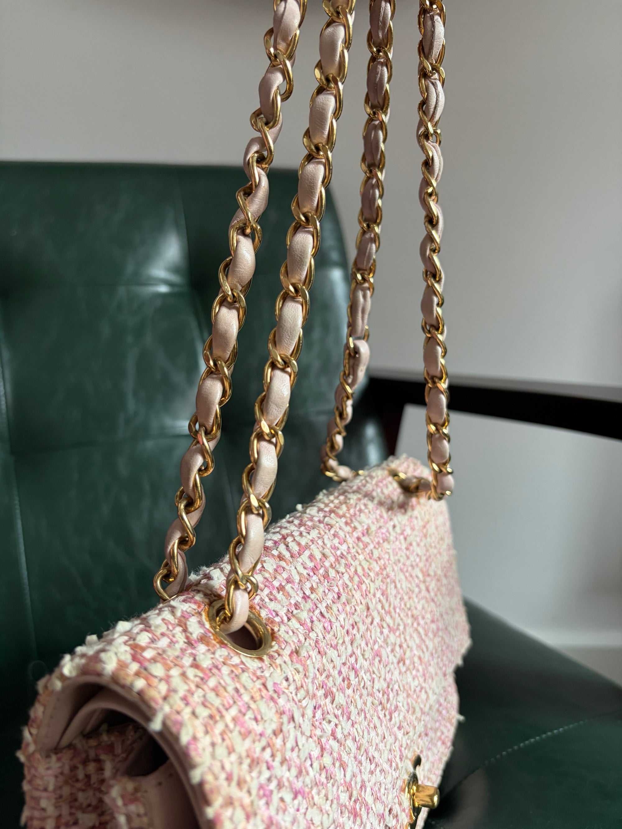 Chanel Vintage Pink and White Tweed Medium Classic Flap with 24ct Gold Hardware