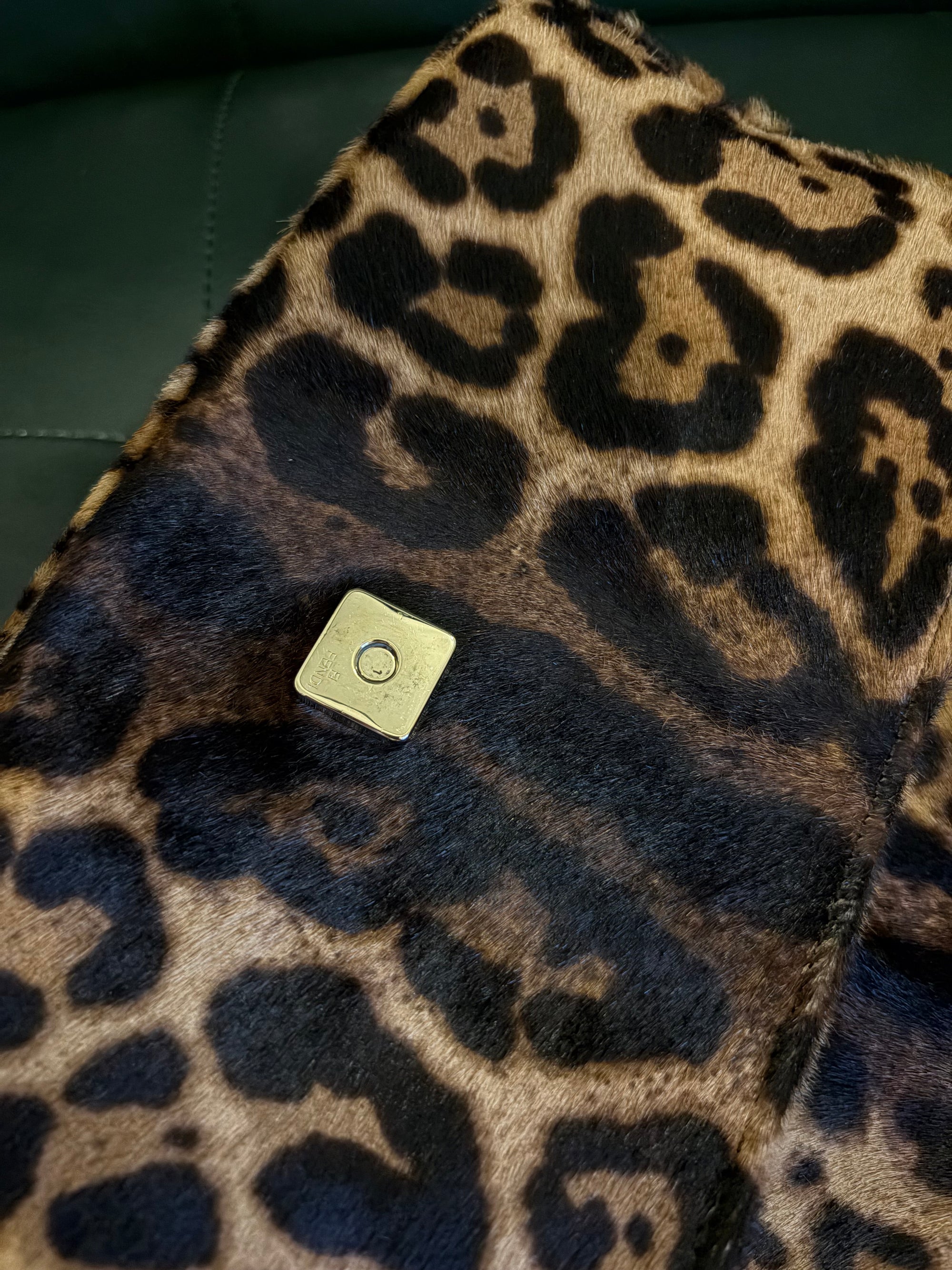 Rare! Vintage Fendi leopard print pony hair baguette bag with red leather trim