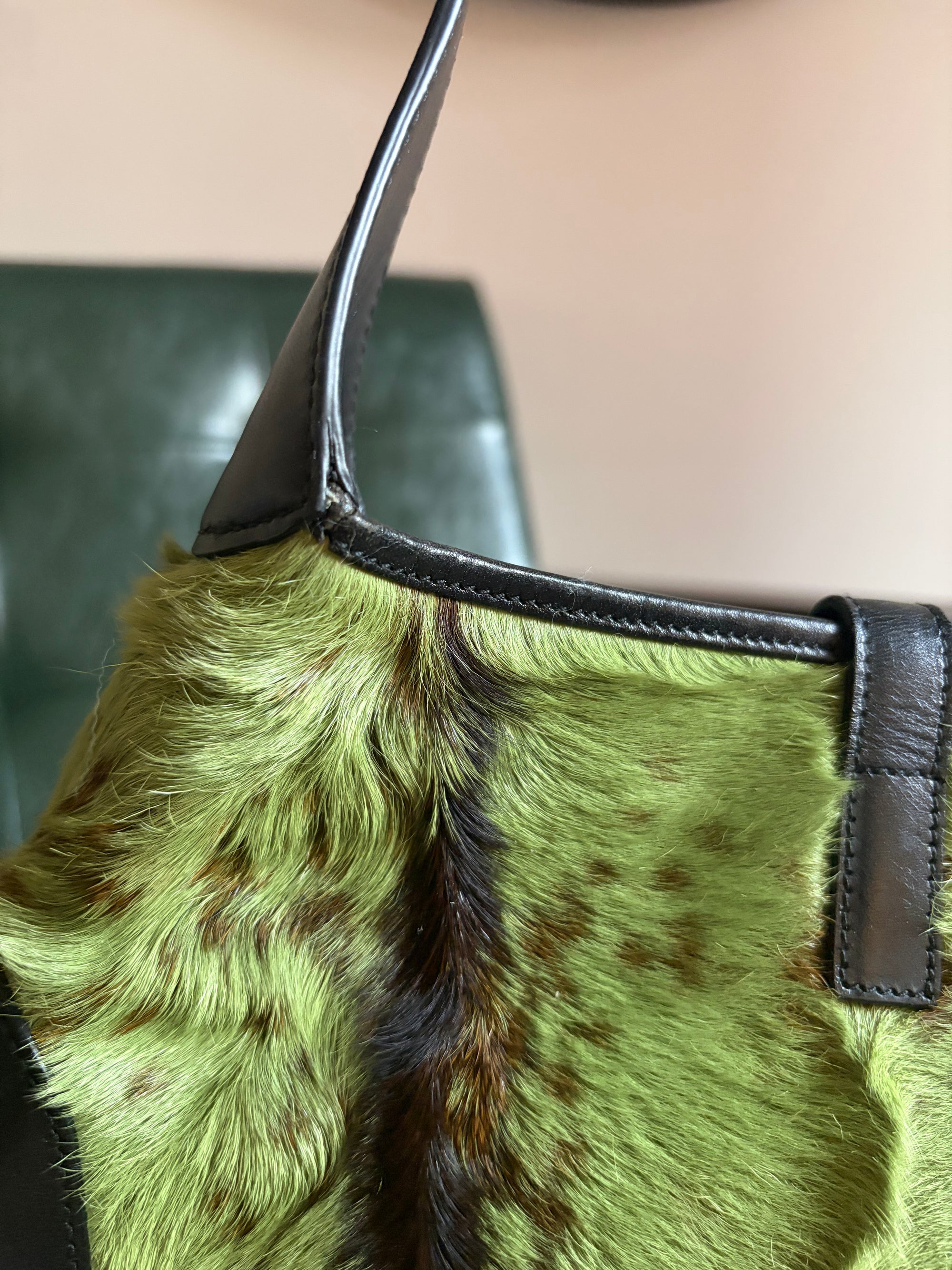 Vintage Gucci Jackie Shoulder Bag in Green and Brown Goat Hair