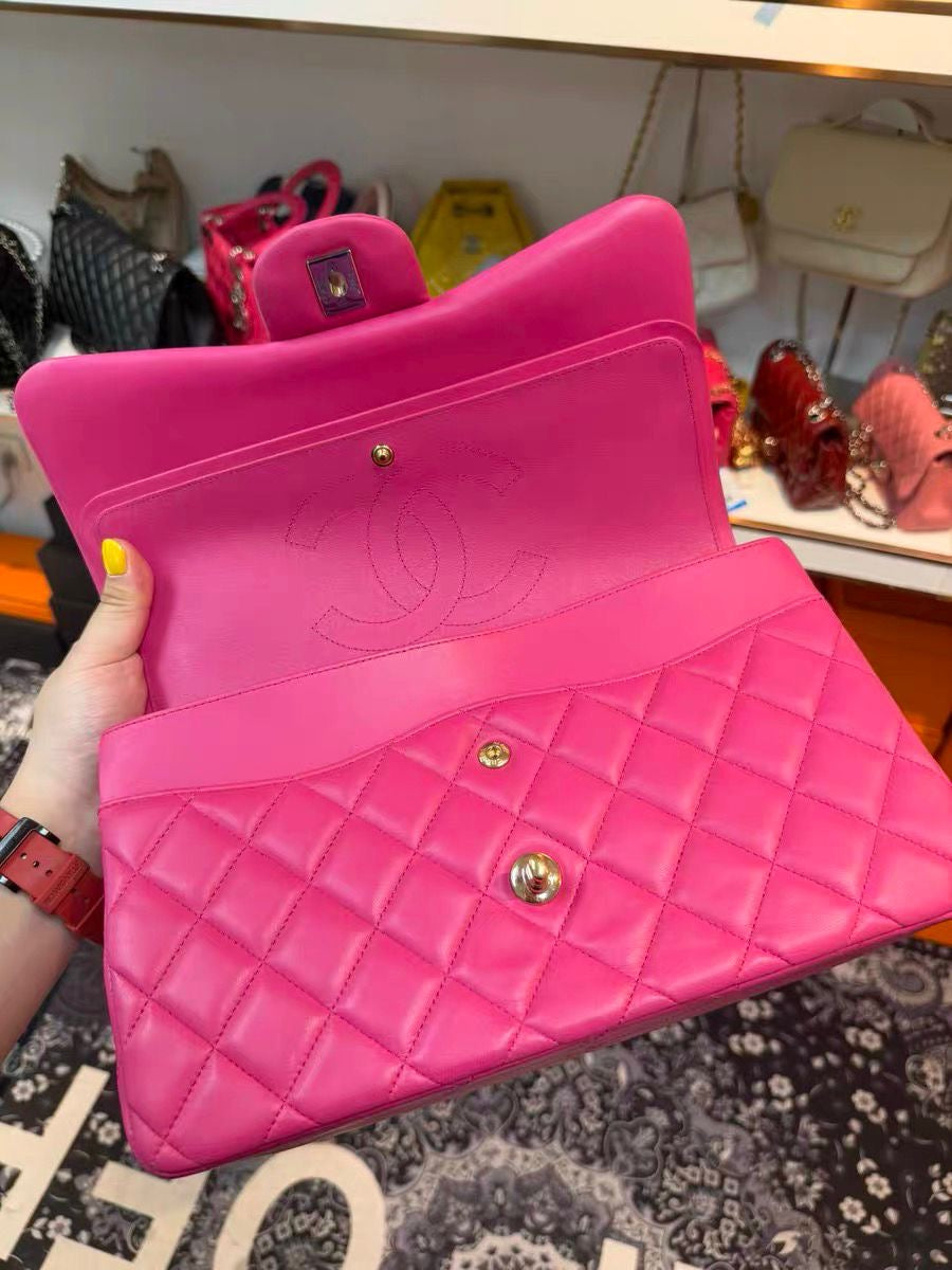 Chanel hot pink lambskin jumbo classic flap