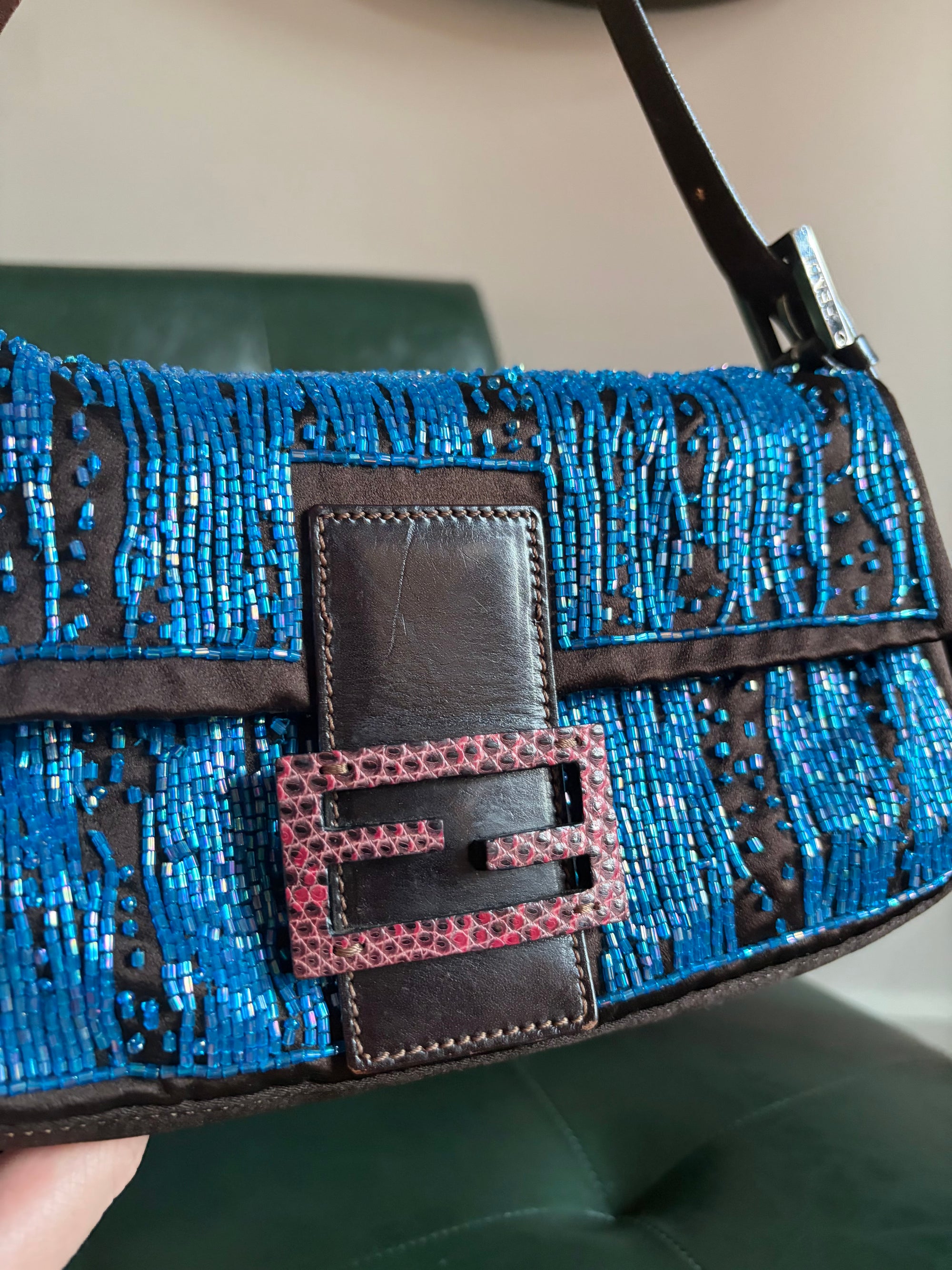 Fendi Dark Brown Satin and Blue Iridescent Beaded Baguette