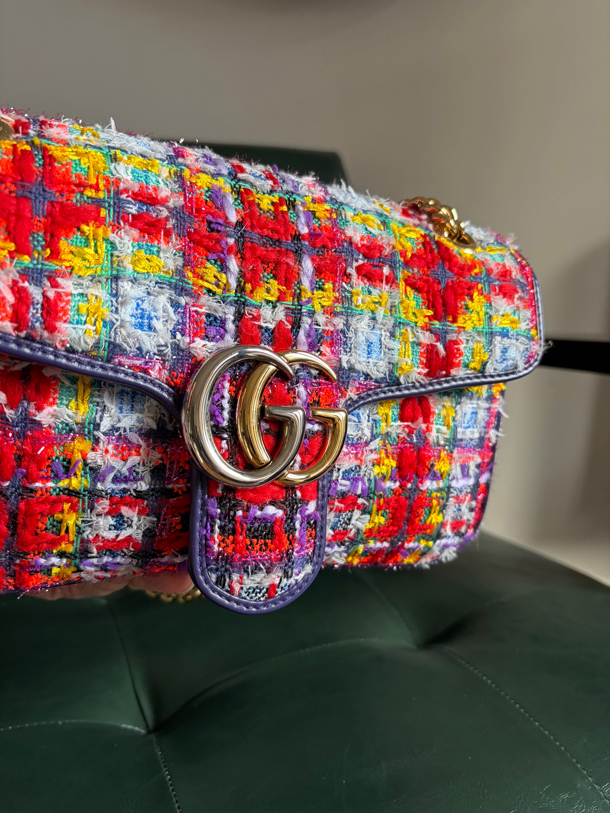 Gucci Marmont Small Multicoloured Tweed Mixed Metal Bag