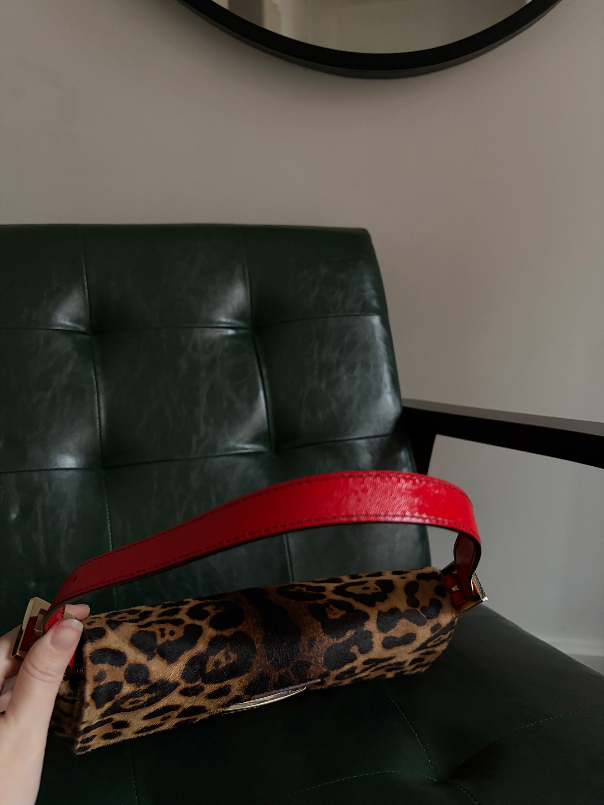 Rare! Vintage Fendi leopard print pony hair baguette bag with red leather trim