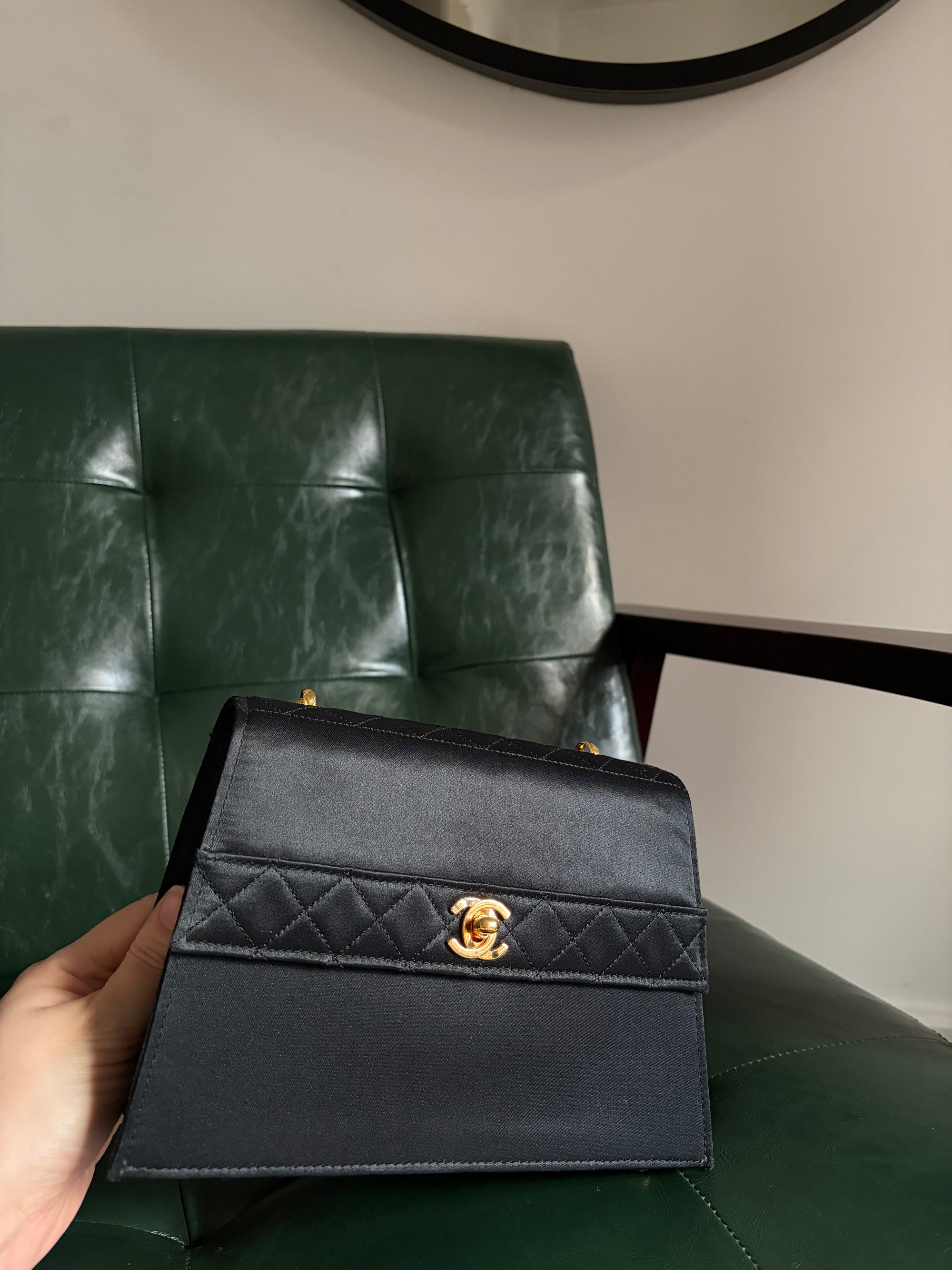 Rare! Chanel trapezoid black satin bag with 24ct gold bijoux chain