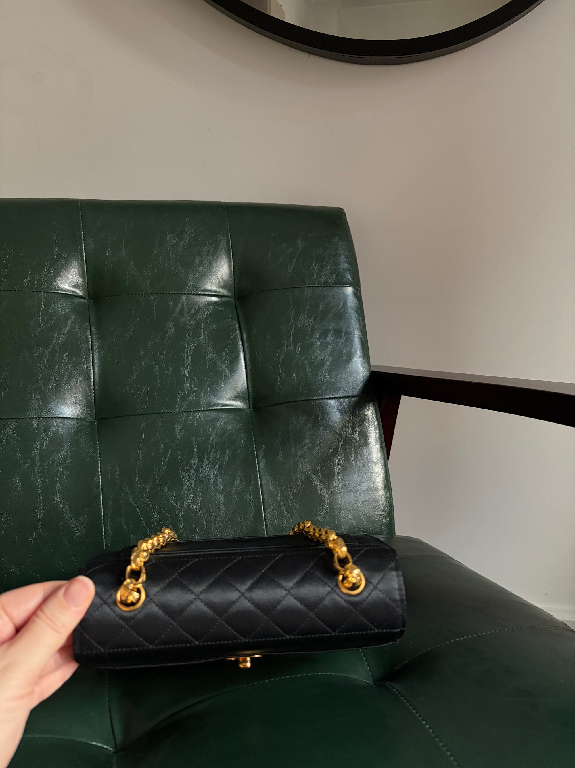 Rare! Chanel trapezoid black satin bag with 24ct gold bijoux chain