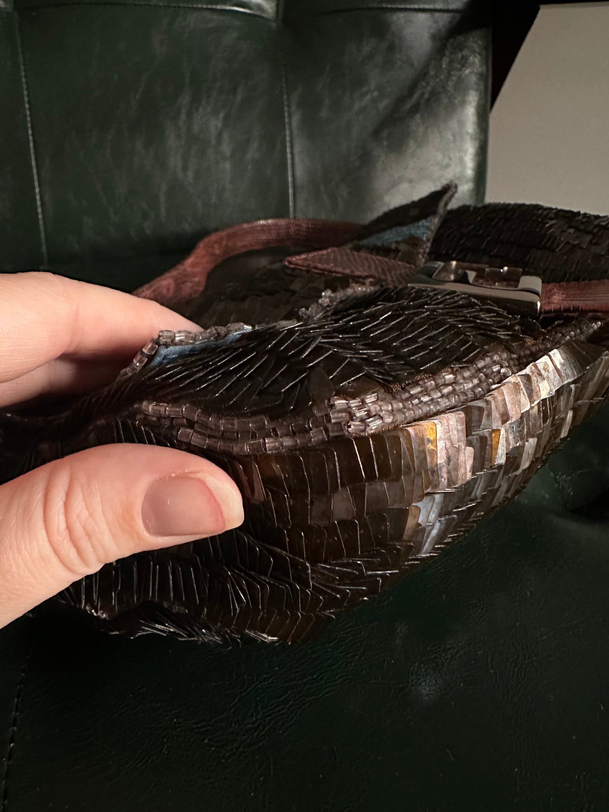 Rare! Fendi Vintage Brown Sequin Baguette With Exotic Lizard Trim