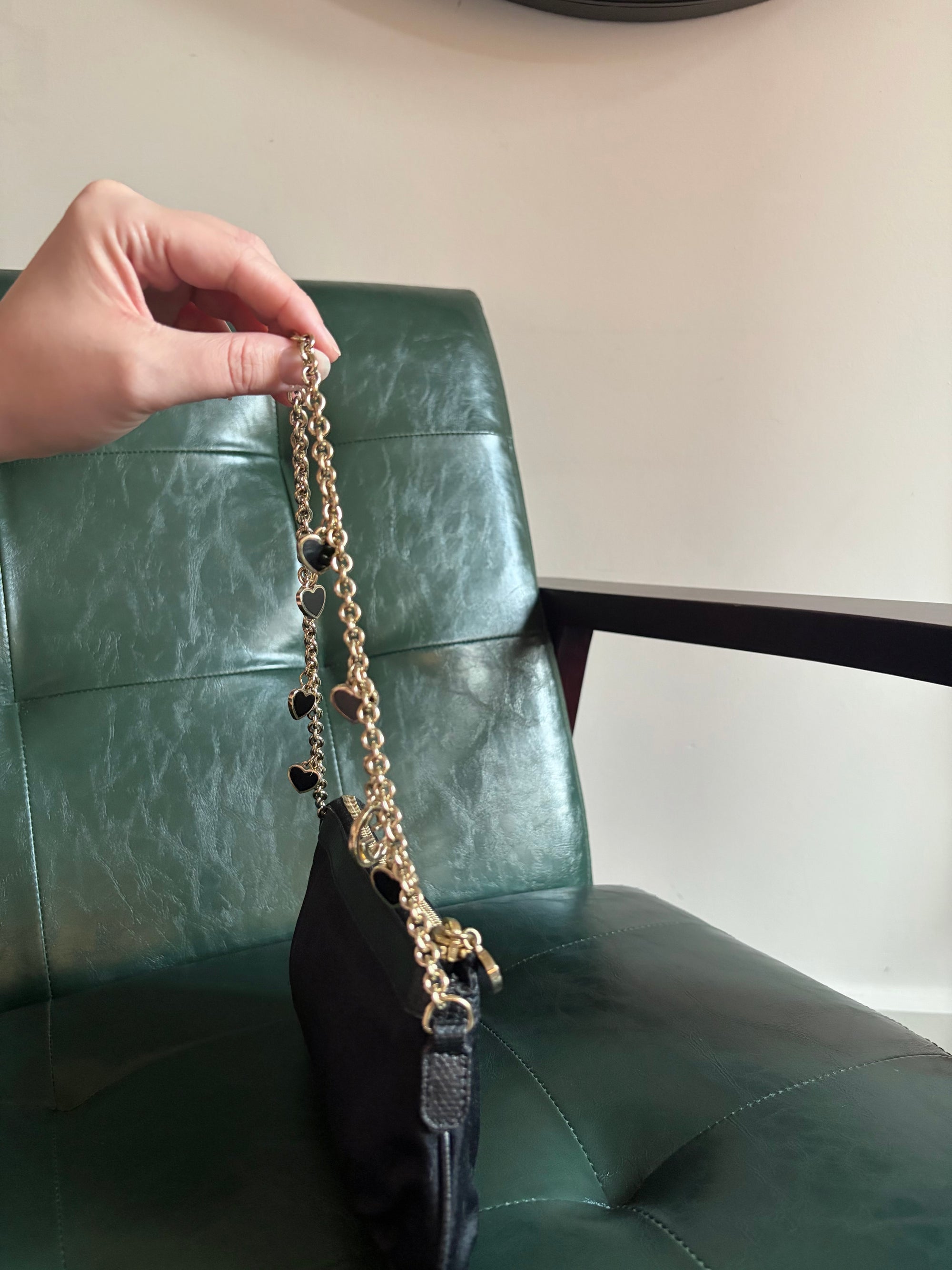 Gucci black satin heart chain pochette with exotic lizard trim