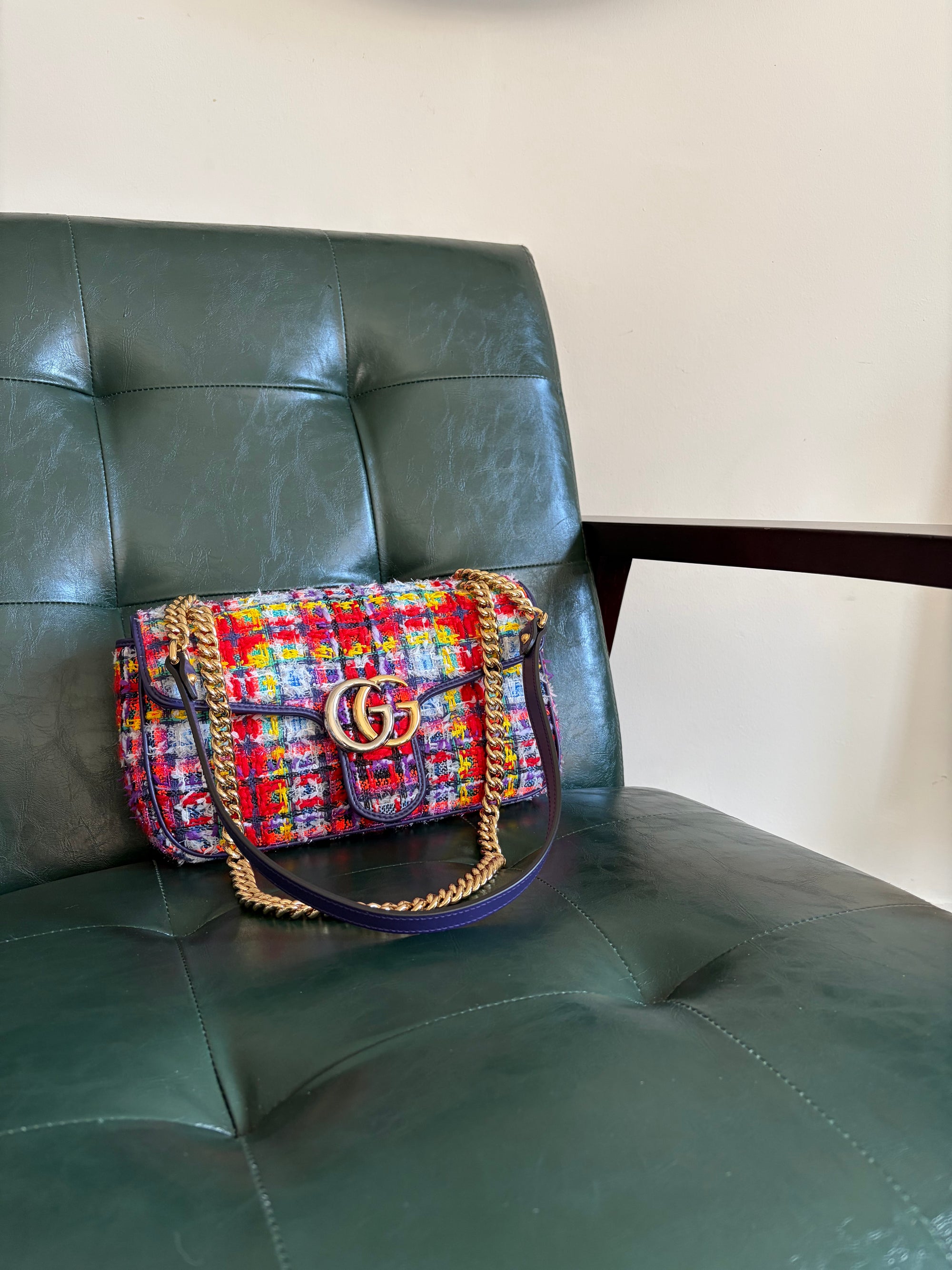 Gucci Marmont Small Multicoloured Tweed Mixed Metal Bag