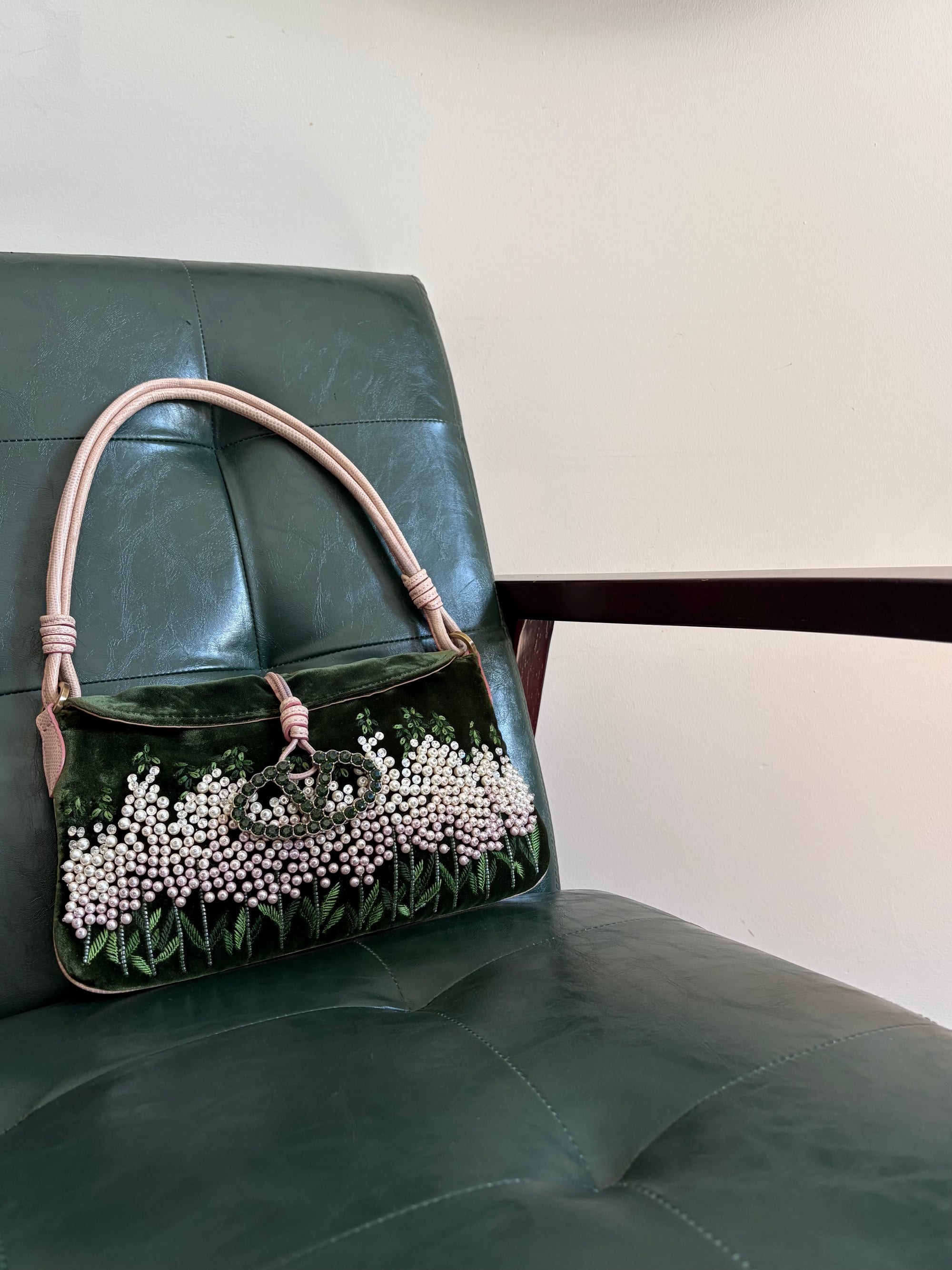 Valentino Garavani green velvet crystal embroidered shoulder bag