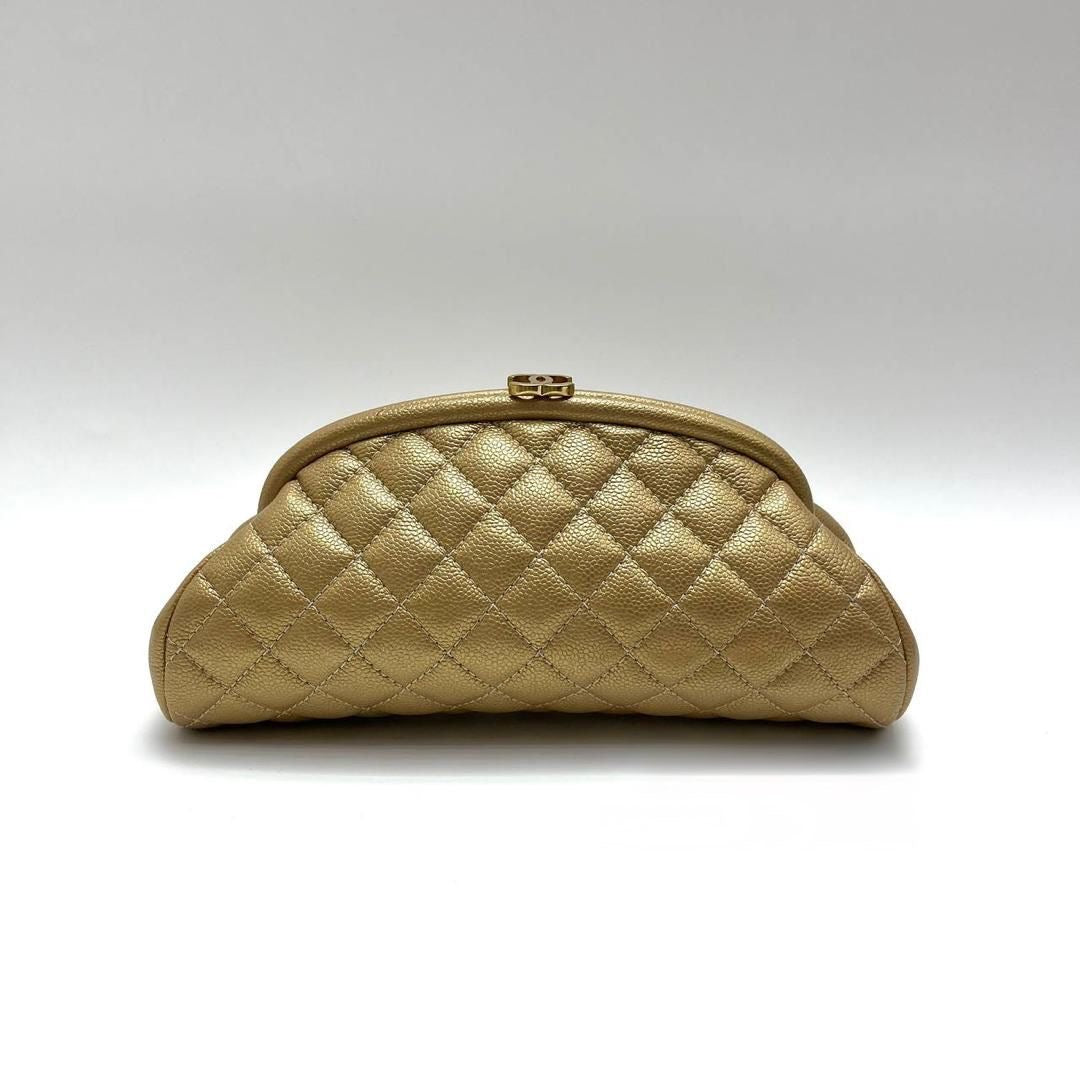 Chanel vintage gold caviar kisslock clutch bag