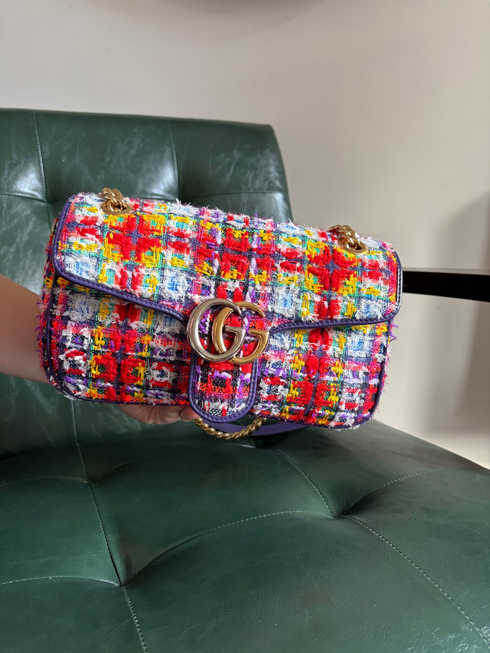 Gucci Marmont Small Multicoloured Tweed Mixed Metal Bag